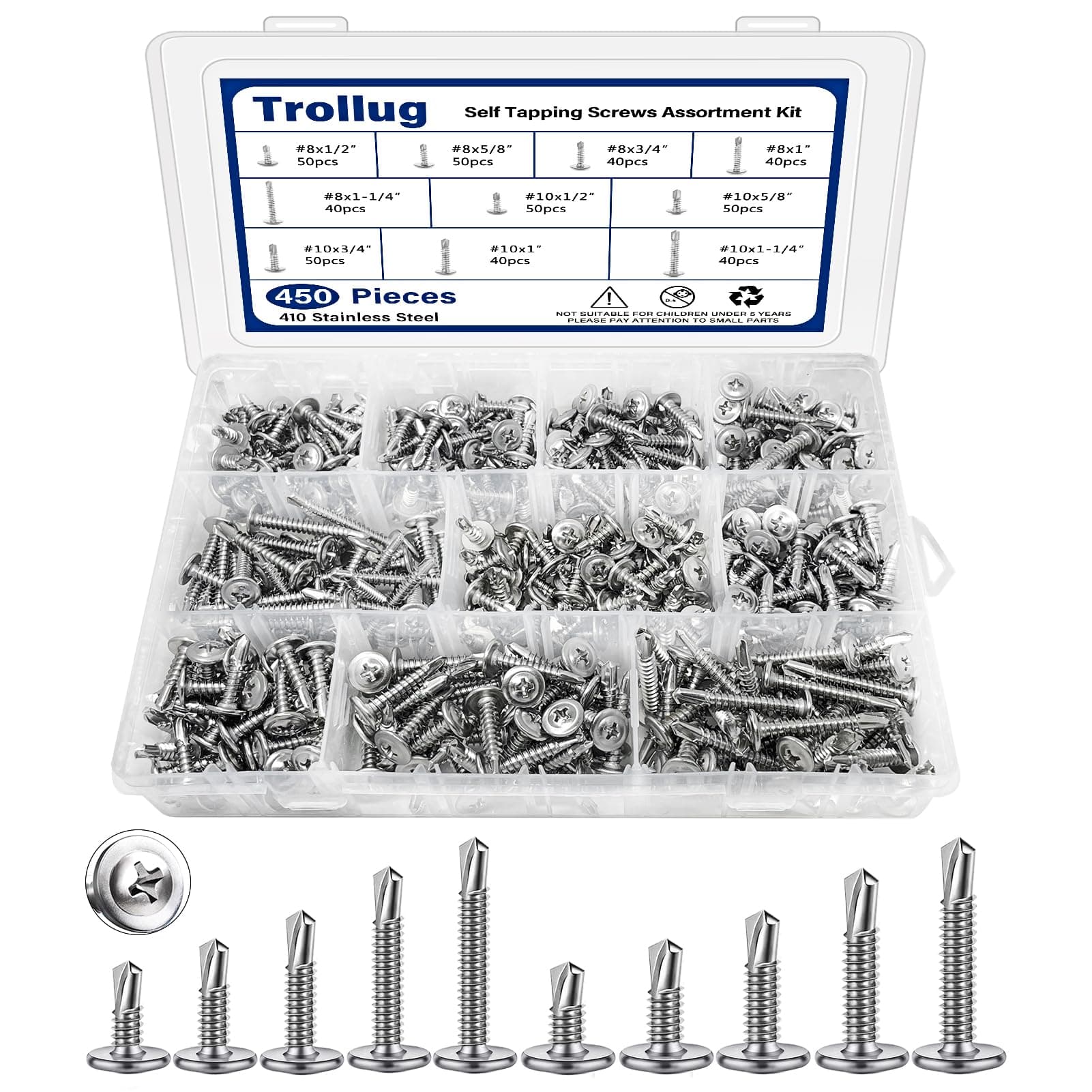 450PCS Self Tapping Screws for Metal, 410 Stainless Steel Self Drilling Screw...