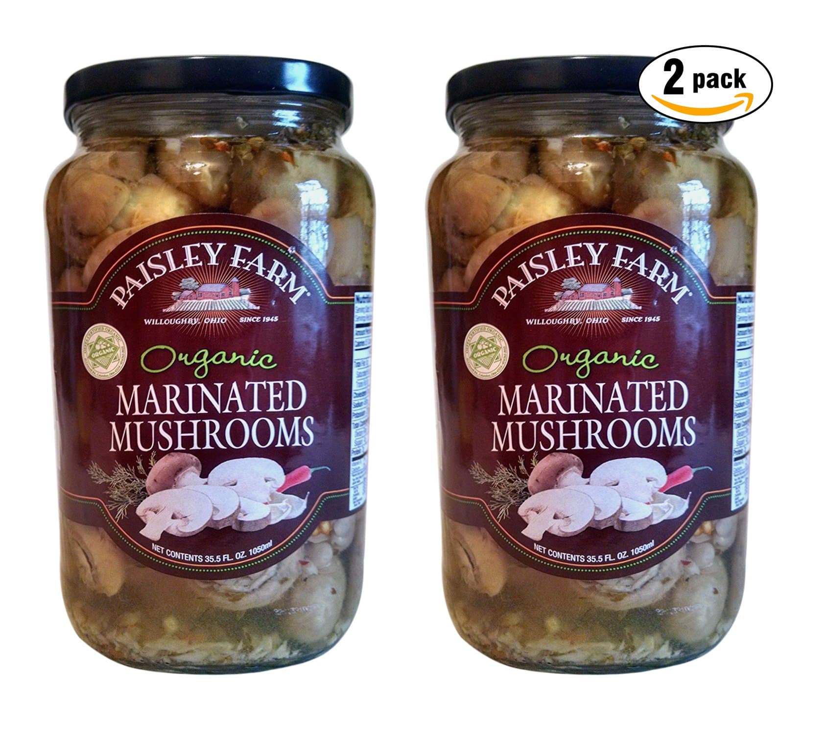 Paisley Farm Organic Marinated Mushrooms, 35.5oz Jar (Pack of 2, Total of 71 Oz)