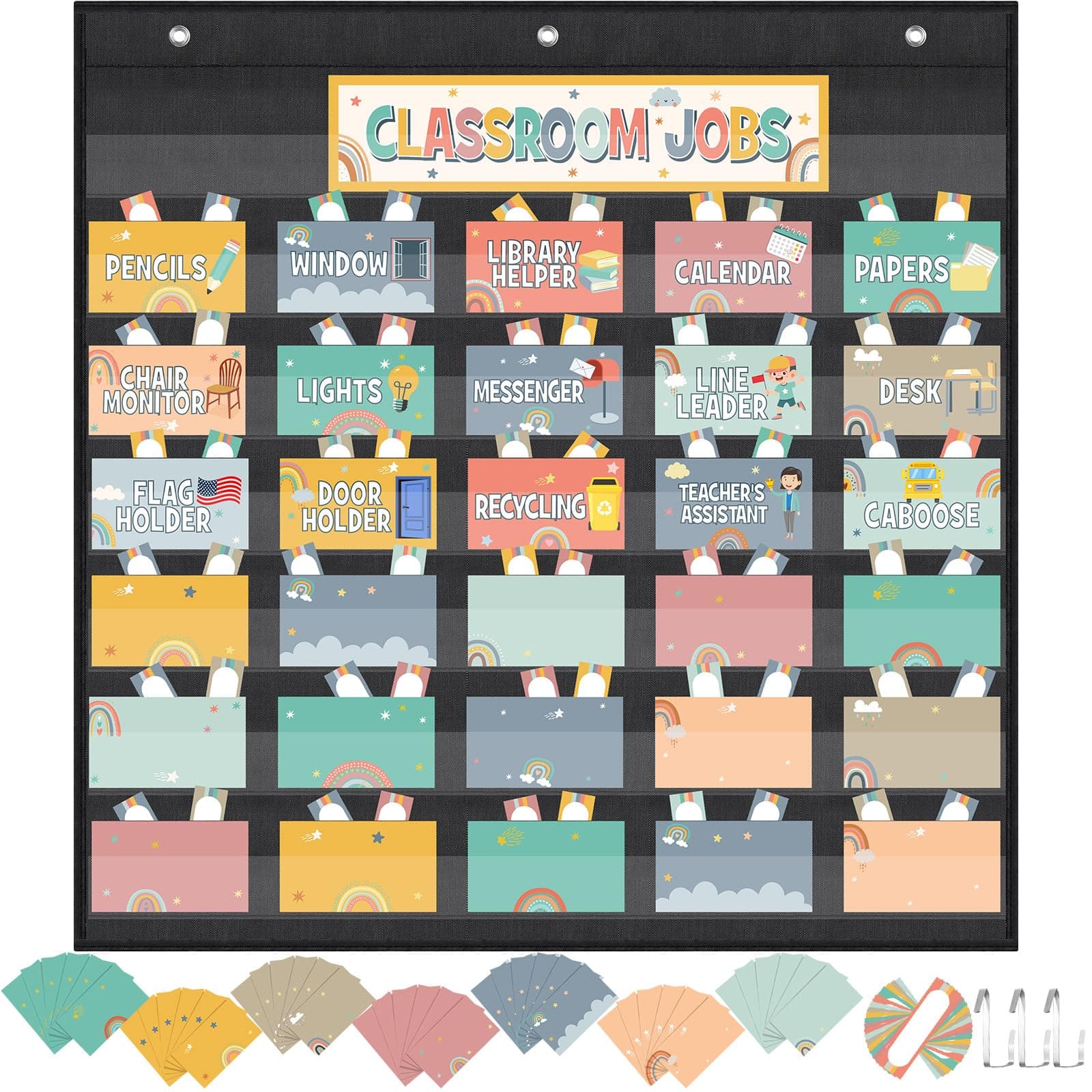 Class Jobs Pocket Chart with 96 Pcs Colorful Classroom Jobs Cards and 3 Hooks Boho Classroom Management Education Pocket Chart Teacher's Helper Class Bulletin Board for Back to School Supplies