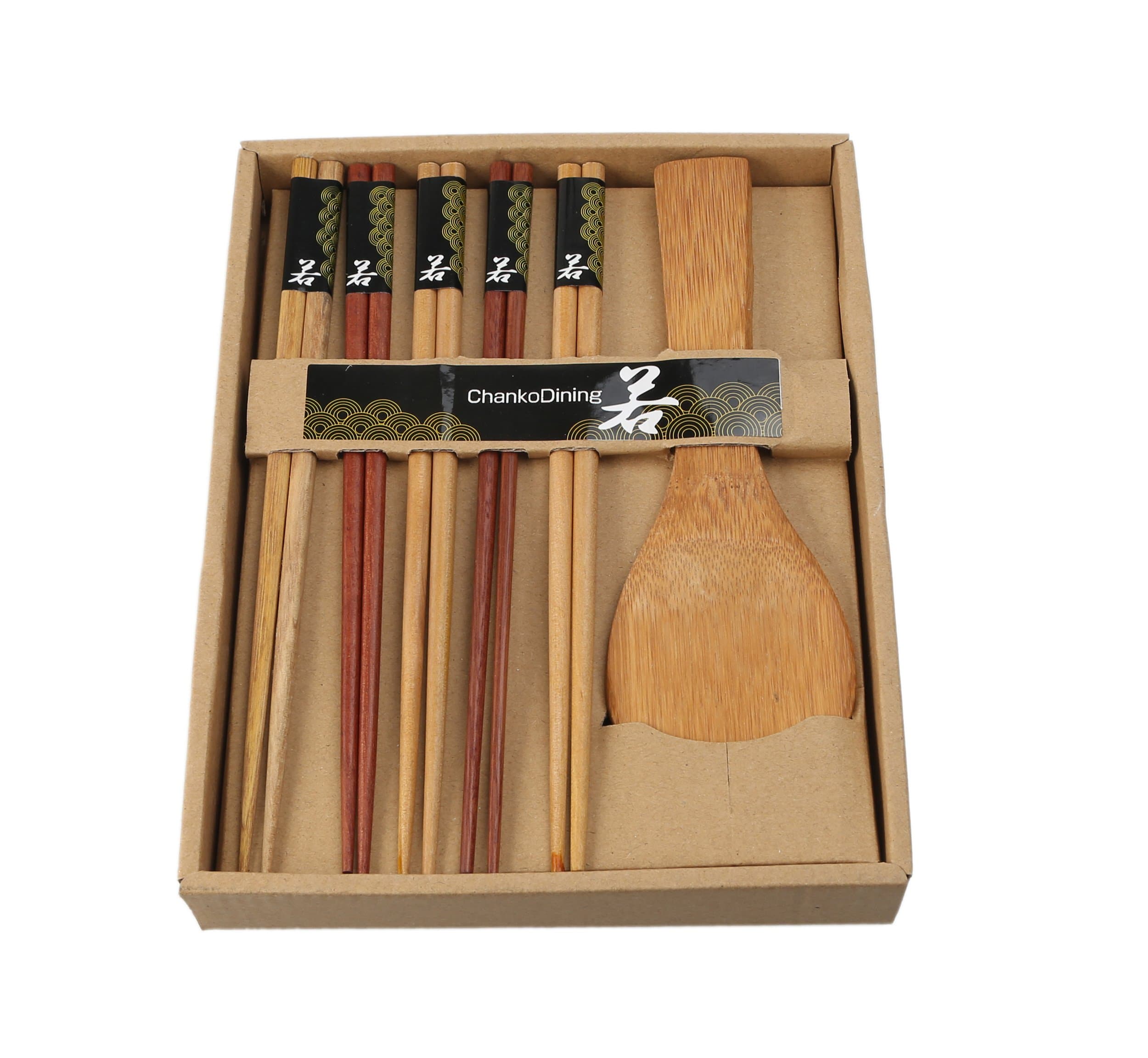 Amagg 5 Pairs Japanese Wooden Chopsticks and 1 Bamboo Rice Paddle Gift Set ( Natural )