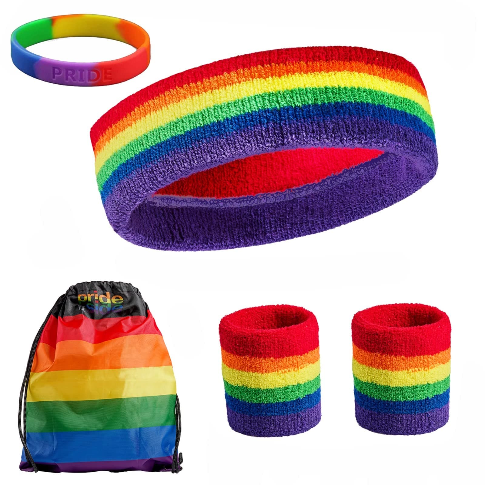 Rainbow Pride Sweatband and Workout Gear Set | Headband, 2 Wristband, Gay Flag Drawstring Backpack Bag, and Silicone Bracelet | Colorful Gym, Running, Fitness War