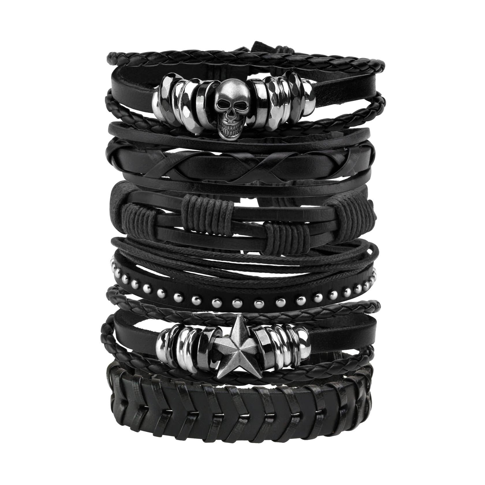 Leather Bracelet Black Brown Braided Wide Wristband Women Men Punk Jewelry Skull