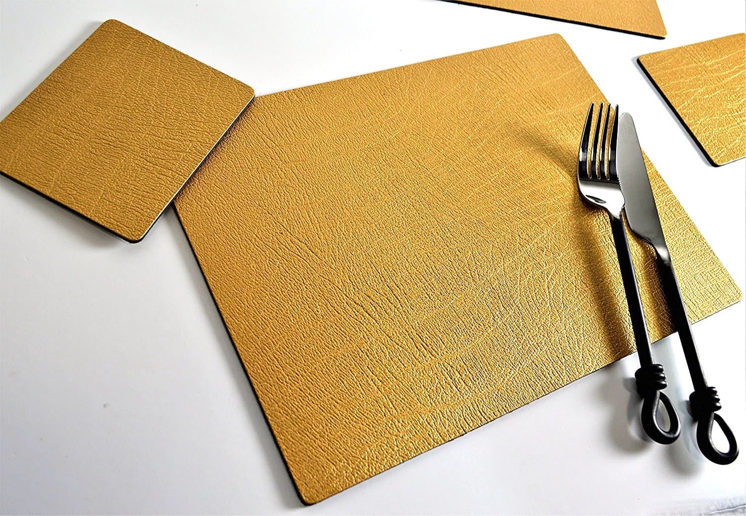 Giftag Set of 6 Artisan Gold Bonded Leather Placemats and 6 Coasters, Made in UK, 12 Piece Set