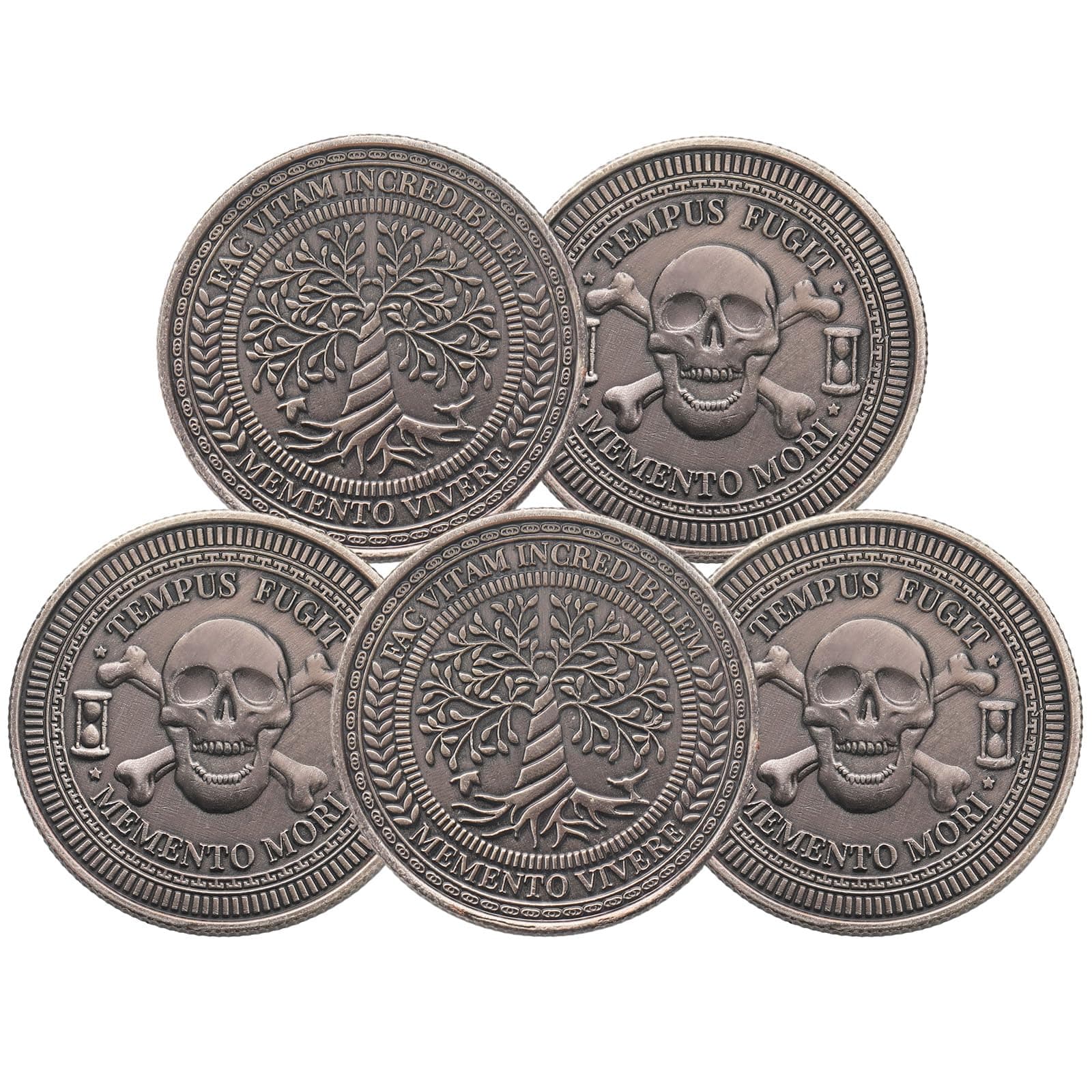 Remuuly 5 Pcs Memento Mori Coin Skull and Tree Pattern Memento Vivere Embossed Coins for Reminder Decision Maker Halloween Gifts(Skeleton)