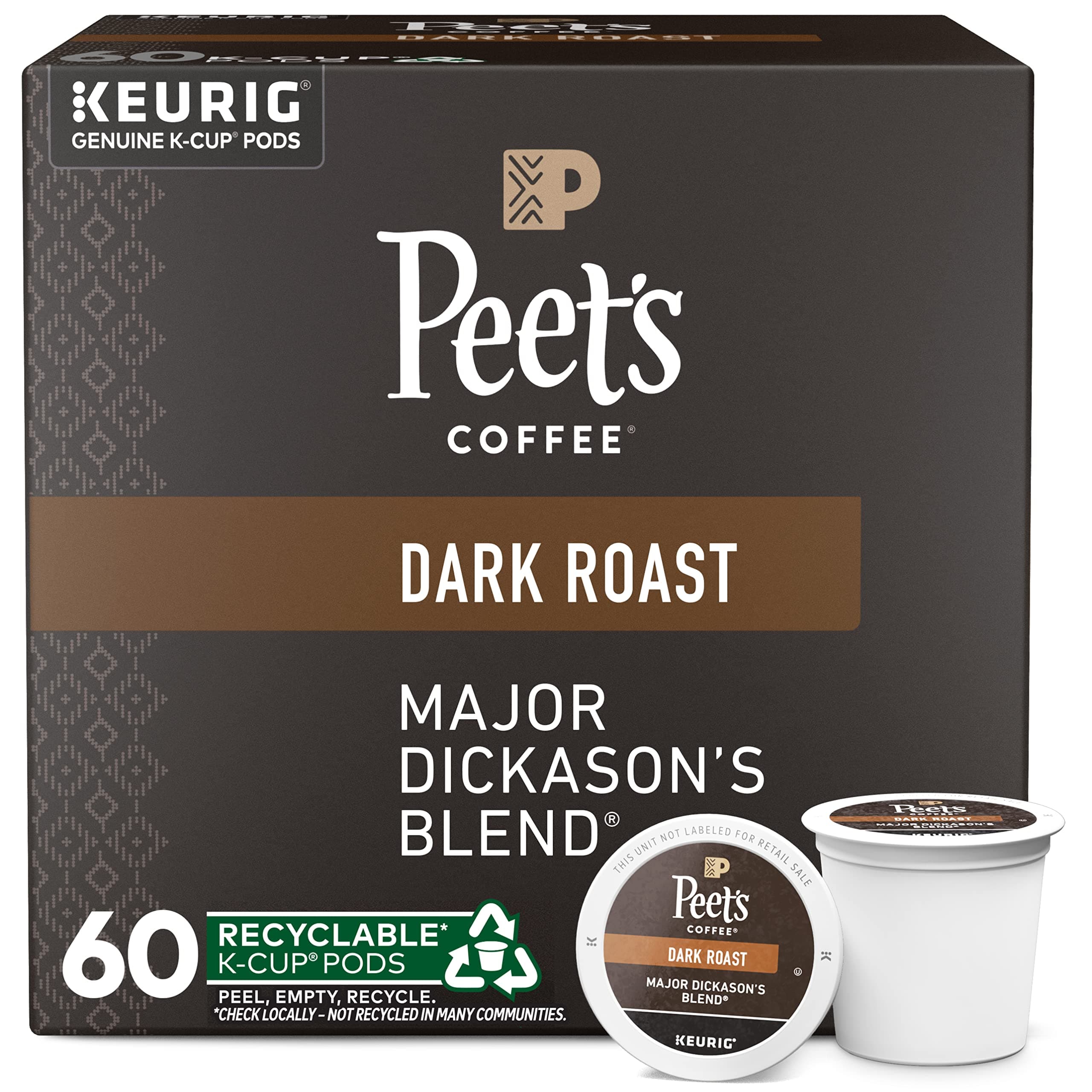 Peet's Coffee, Major Dickason's Blend, Dark Roast, K-Cup Pack,Single Cup Coffee Pods,10 Count, Pack of 6