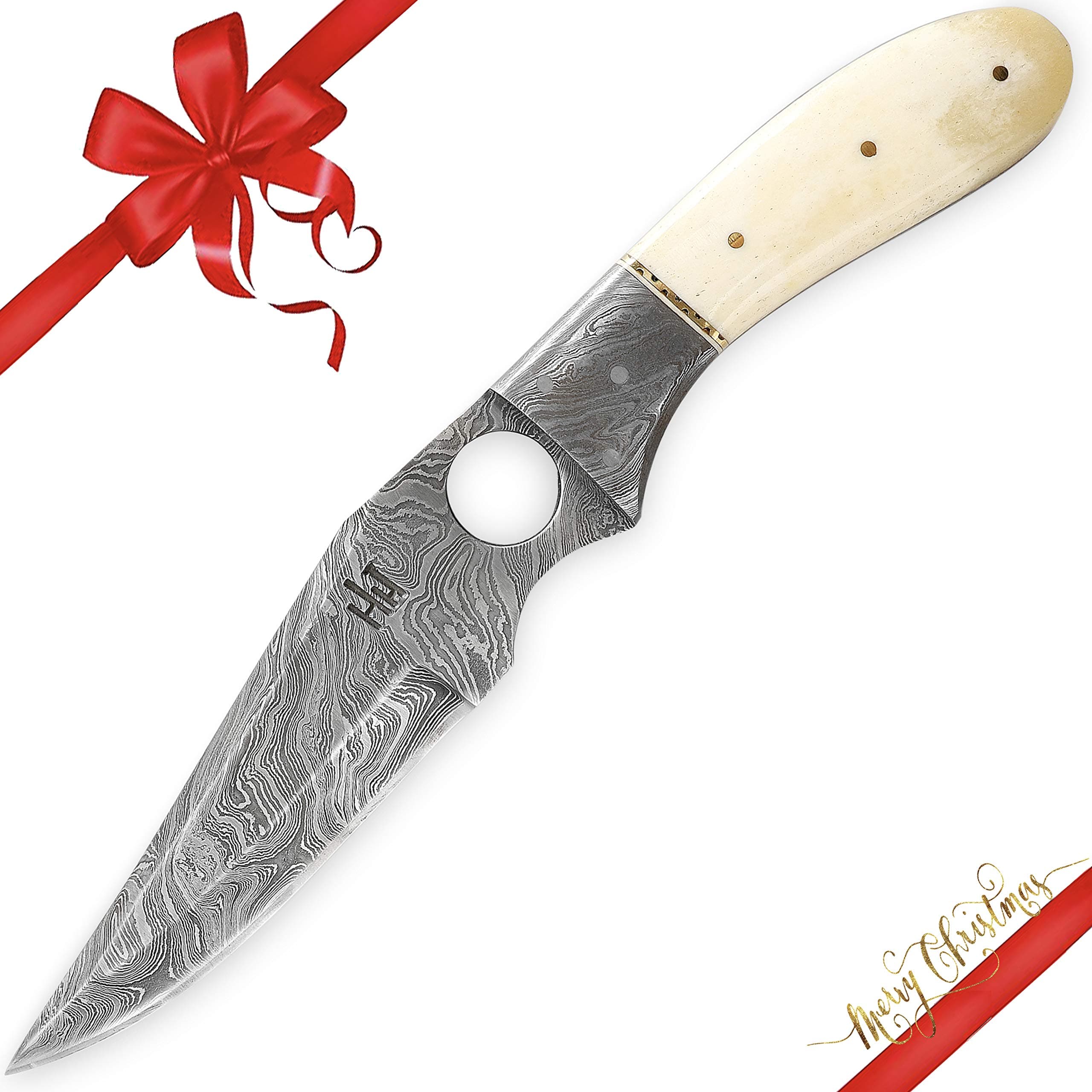 HH-702, 11 inch Handmade Fixed Blade Damascus Hunting Knife with Sheath - Full Tang Survival Knife - Camel Bone Handle - Designed for Hunting and Camping