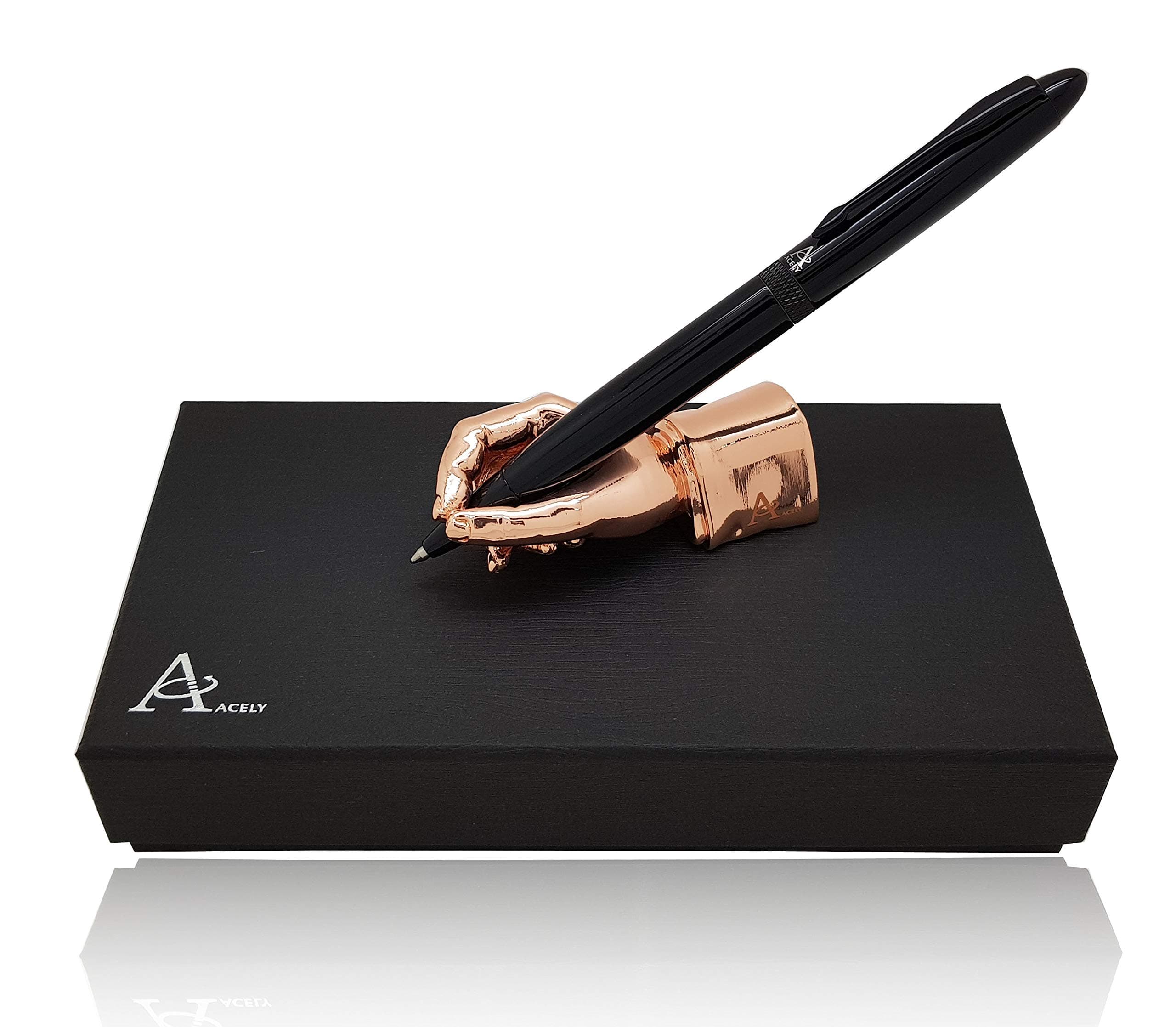 ACELYExecutive Glossy Black Ball Point Pen with Hand Shape Pen Holder Metal Art Craft Paperweight for Desktop Organizer Pen Stand Decoration - Pen & Holder Set (Black & Rose Gold)