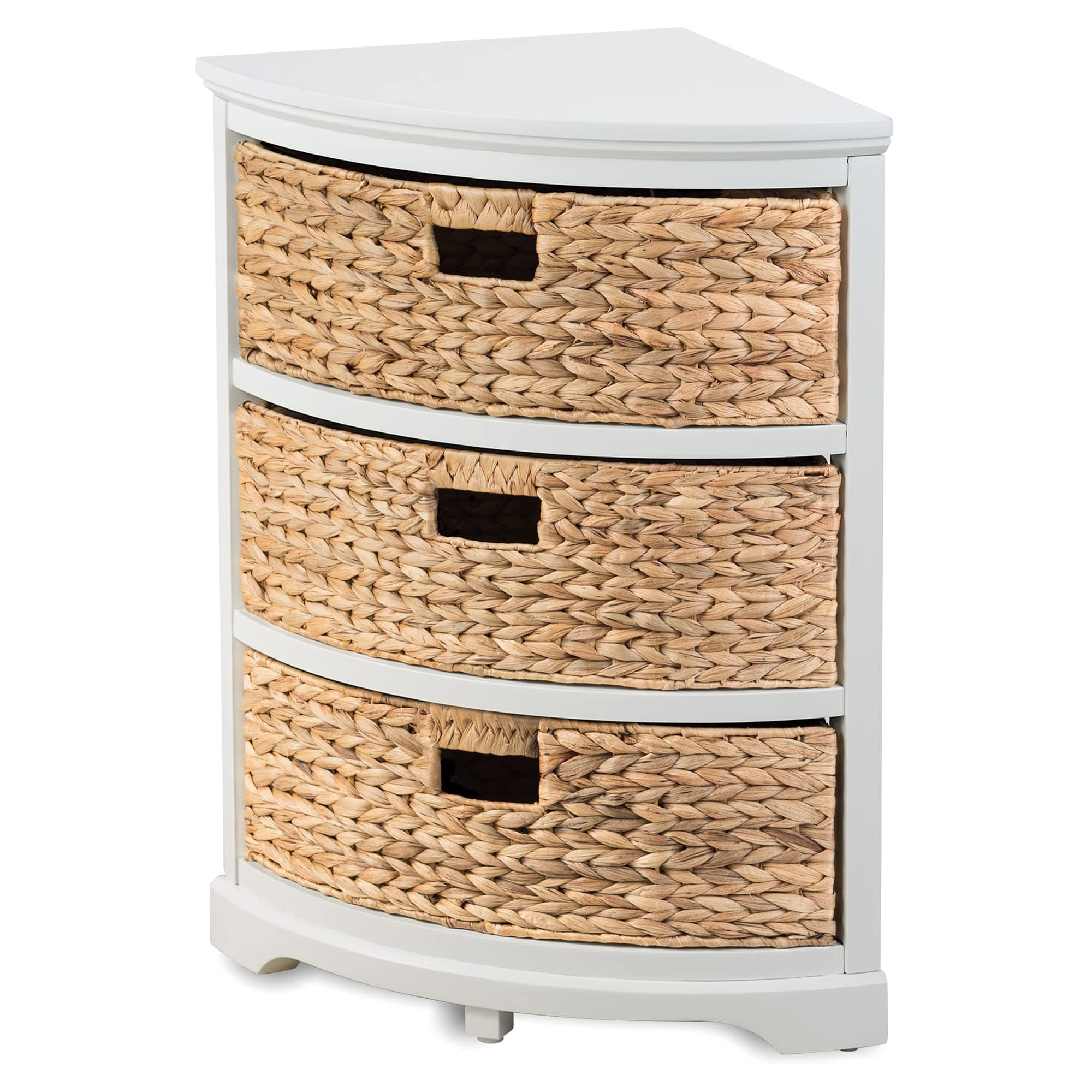 Hampton Meadows 3 Tier X-Side Corner Table Storage Cabinet with 3 Wicker Baskets, White