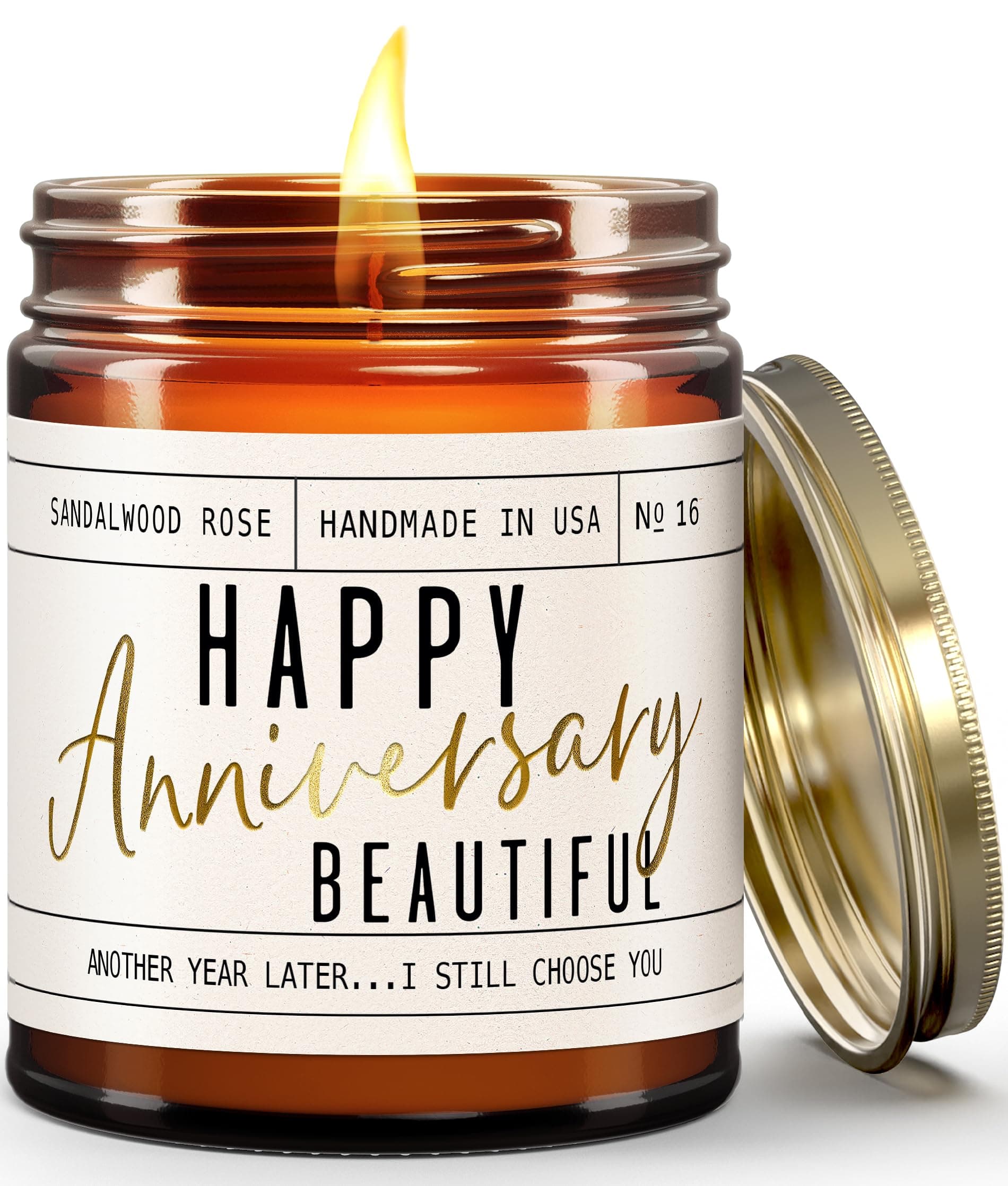 Anniversary Gifts for Women - 'Happy Anniversary Beautiful' Candle, w/Sandalwood Rose - infused w/Essential Oils I Happy Anniversary Gifts for Her I Anniversary Gifts for Wife I 50Hr Burn, USA Made