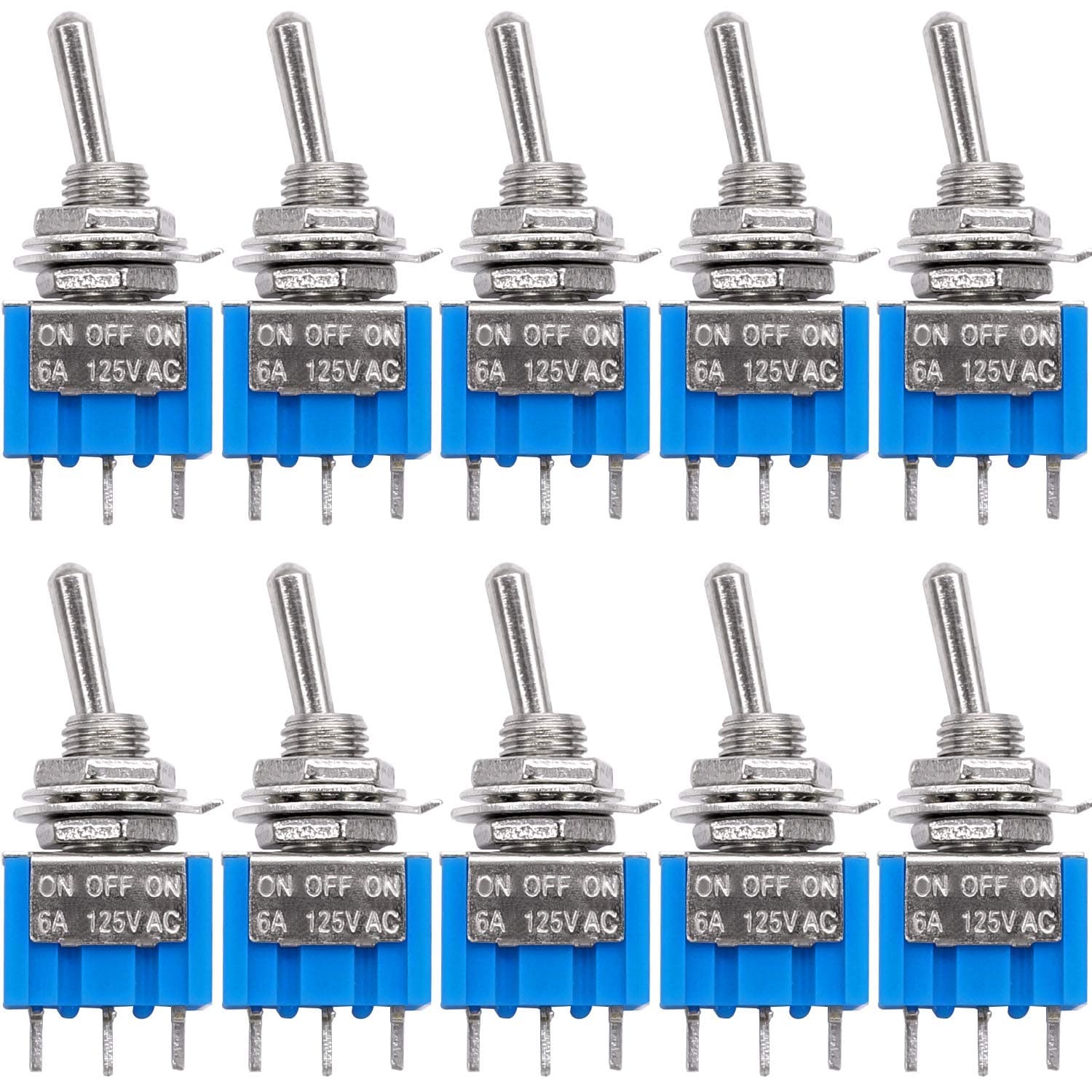 10Pcs SPDT Mini Toggle Switch 3 Pin 3 Position ON/Off/ON Miniature Toggle Switches AC 125V/6A Toggle Switch MTS-103
