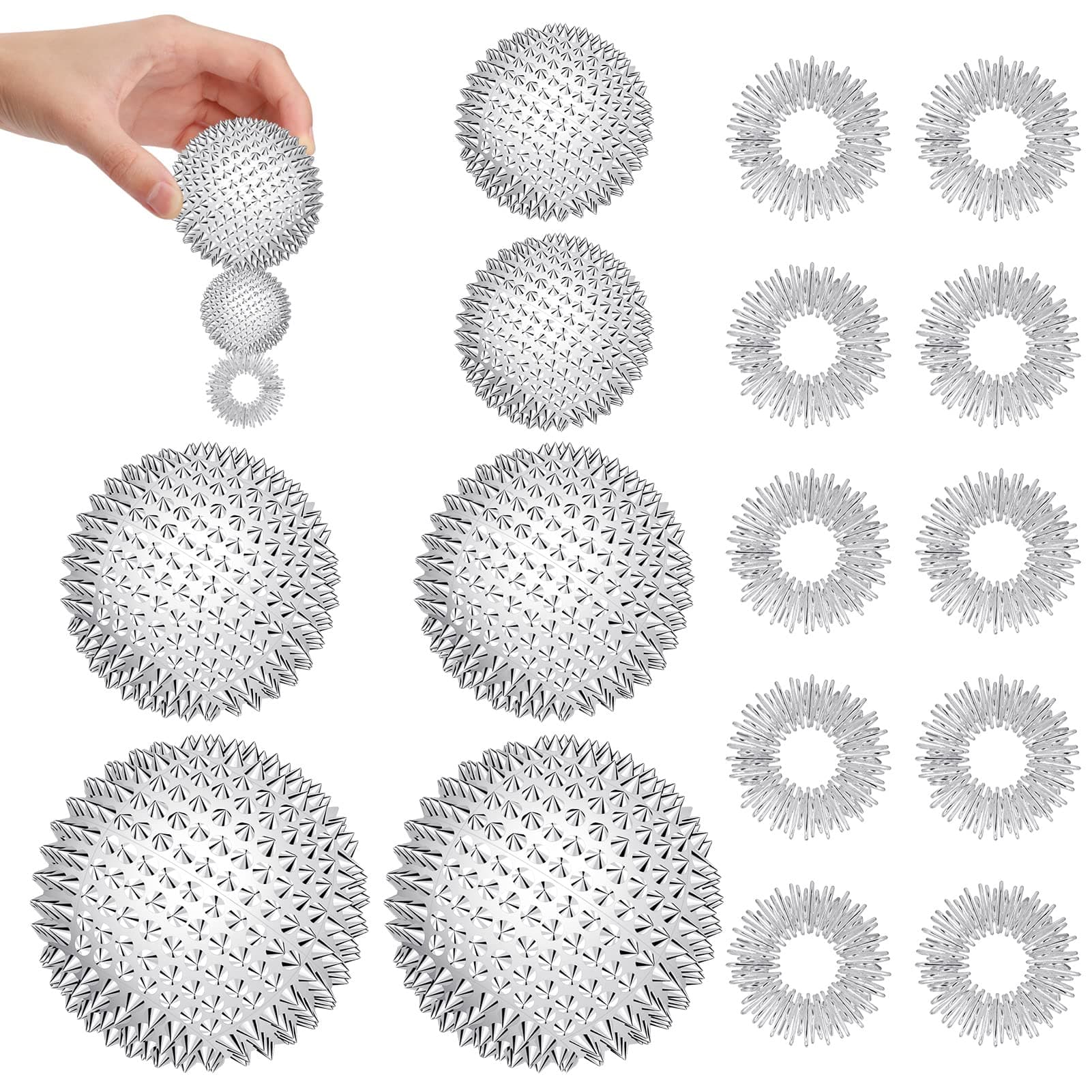6Pcs Magnetic Acupressure Balls, Magnetic Hand Massage Balls with 10 Massage Rings for Plantar Fasciitis Recovery, Trigger Point Massage, Relax Tight Muscles (Silver)
