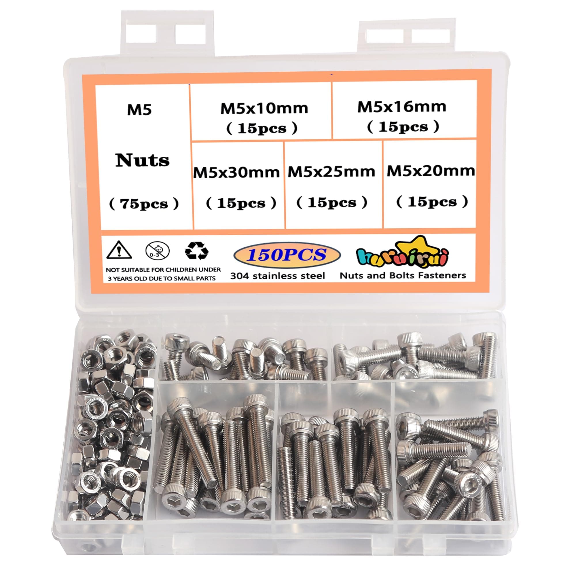 M5 Nuts And Bolts Set 304 Stainless Steel Hex Socket Head Cap Screws Rustproof,Nuts and Bolts Assortment for Car and Boat Accessories Machine Screw 150pcs