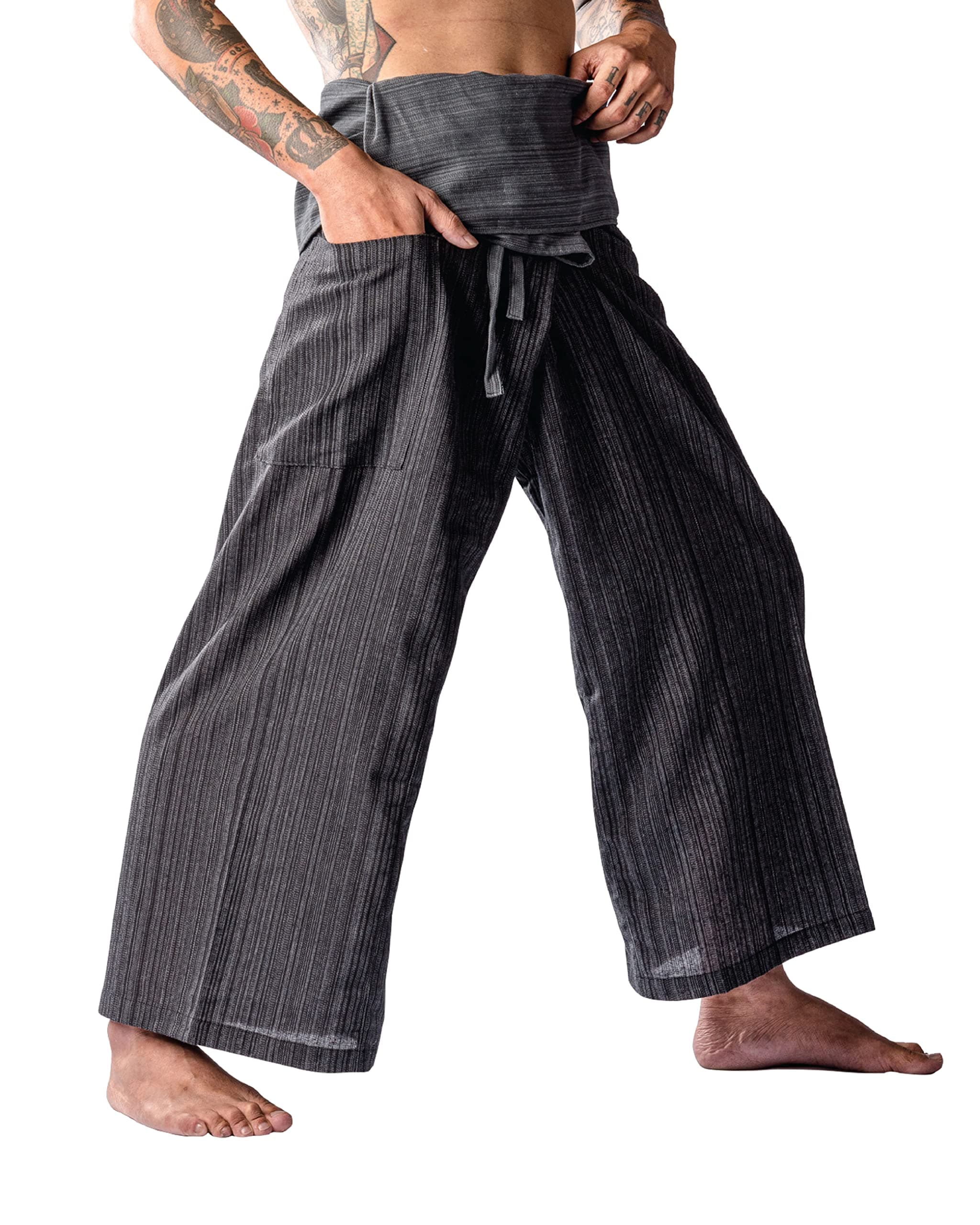 LannaPremium Thai Fisherman Pants 2 Tone for Men Women Yoga Pants - Martial Arts Pants Gray Black