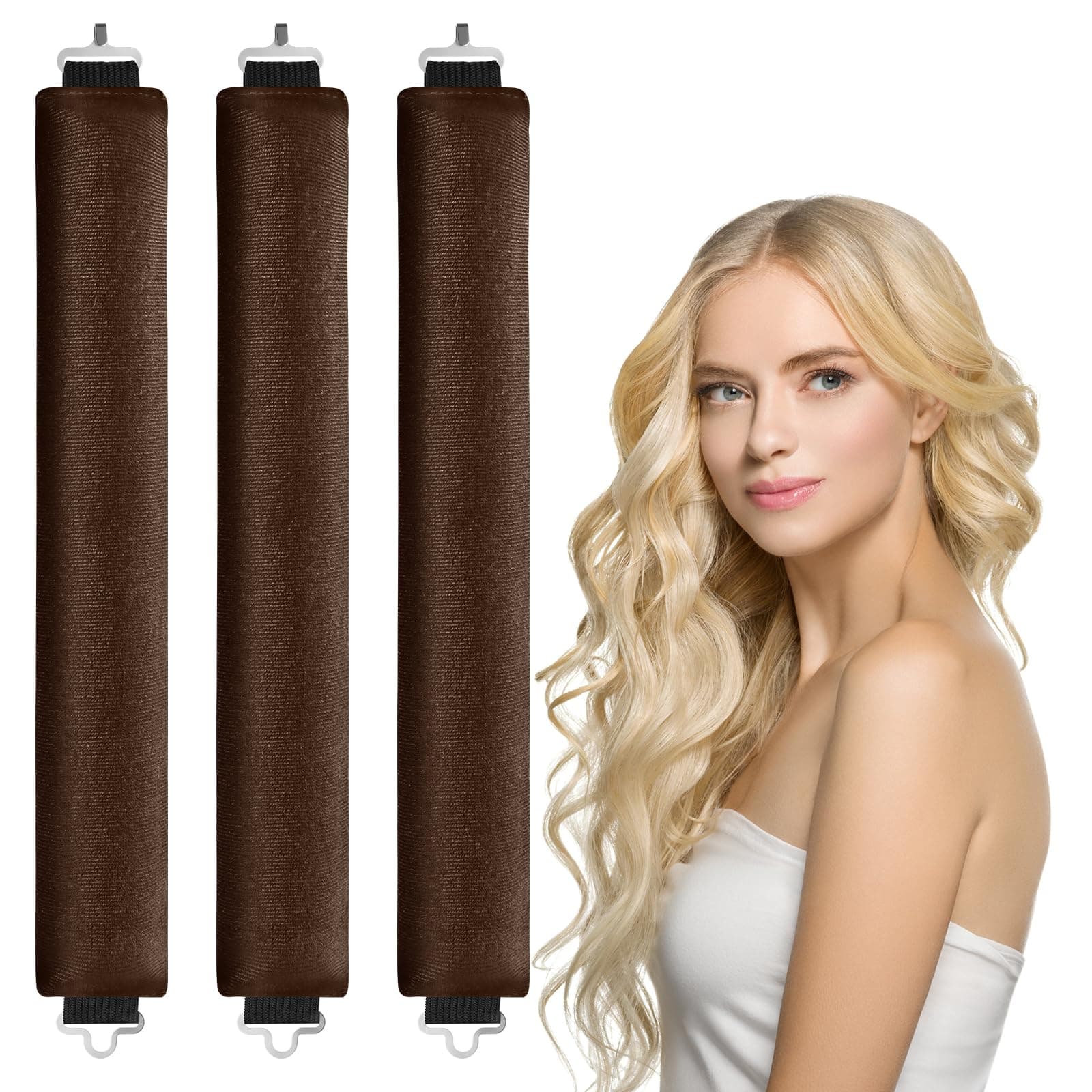LOPHEHeat-Free Curlers, Pack of 3 Curls Without Heat with Hooks, Heatless Overnight Curls for Long Medium Hair, DIY Heatless Curls Band for Sleeping, Hair Noodle Curling Band Overnight (Brown)