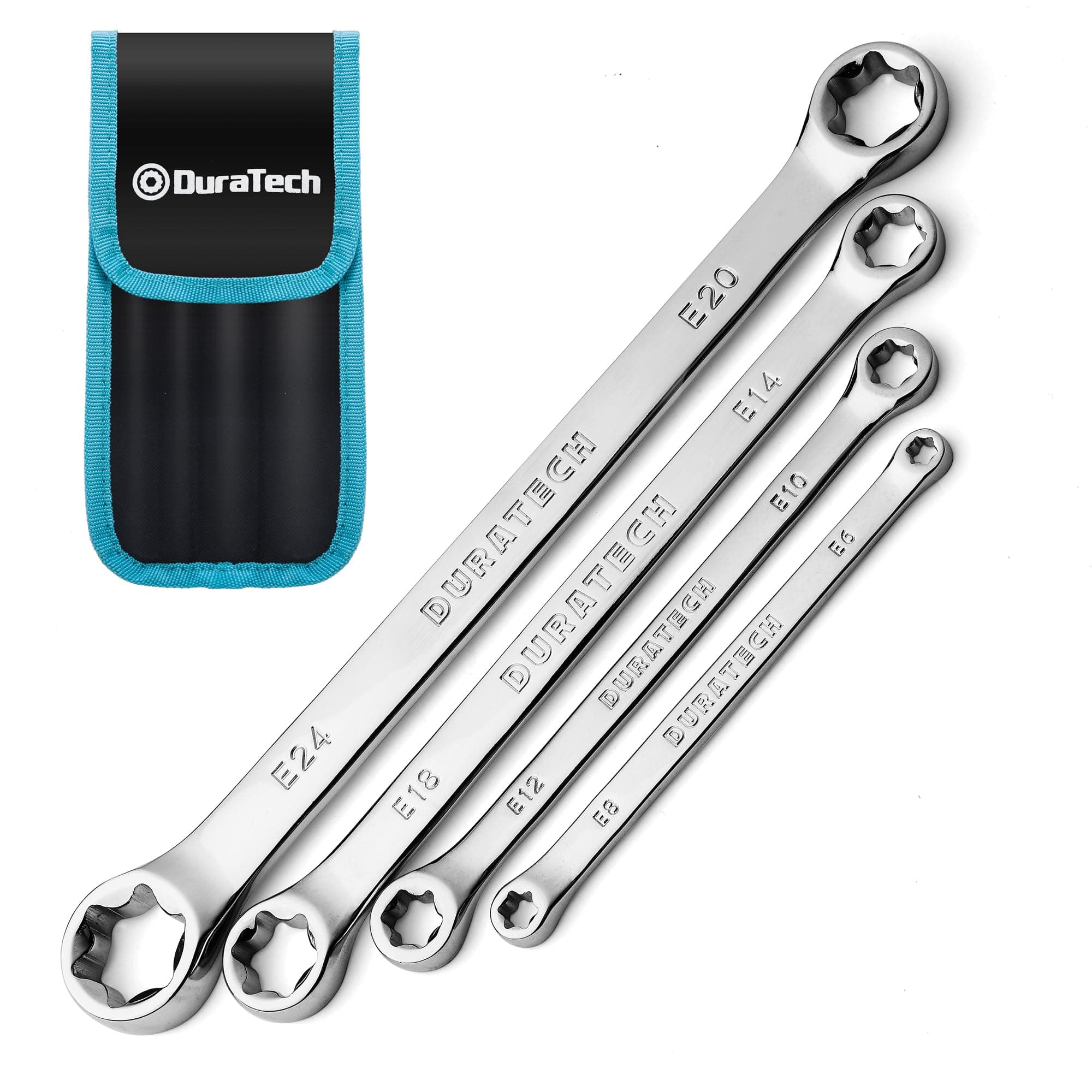 4-Piece E-Torx Wrench Set, Double Box End Wrench Set, CR-V Steel, Including E6*E8, E10*E12, E14*E18 and E20*E24, Organized in Pouch