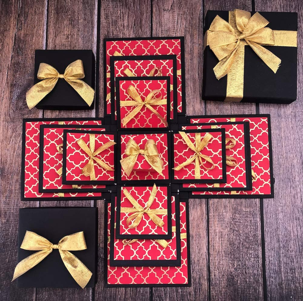 Crack of Dawn Crafts 3 Layered Hard Board Festive Chocolate Explosive Box - Festive Red (No Chocolates)