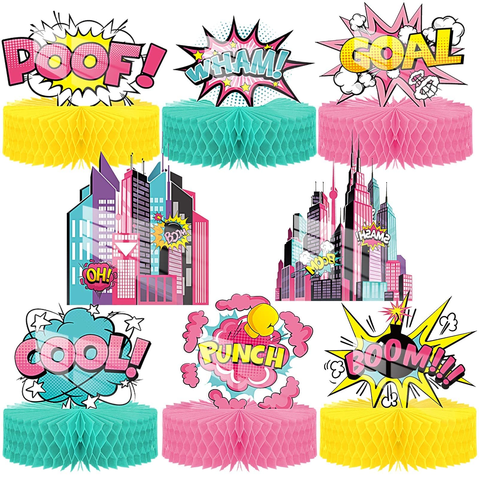 Hotop 8 Pcs Hero Girl Party Supplies Hero Honeycomb Action Sign Pink Table Topper Centerpiece Paper Cardboard Cutouts for Happy Birthday Baby Girl Shower Party Favor