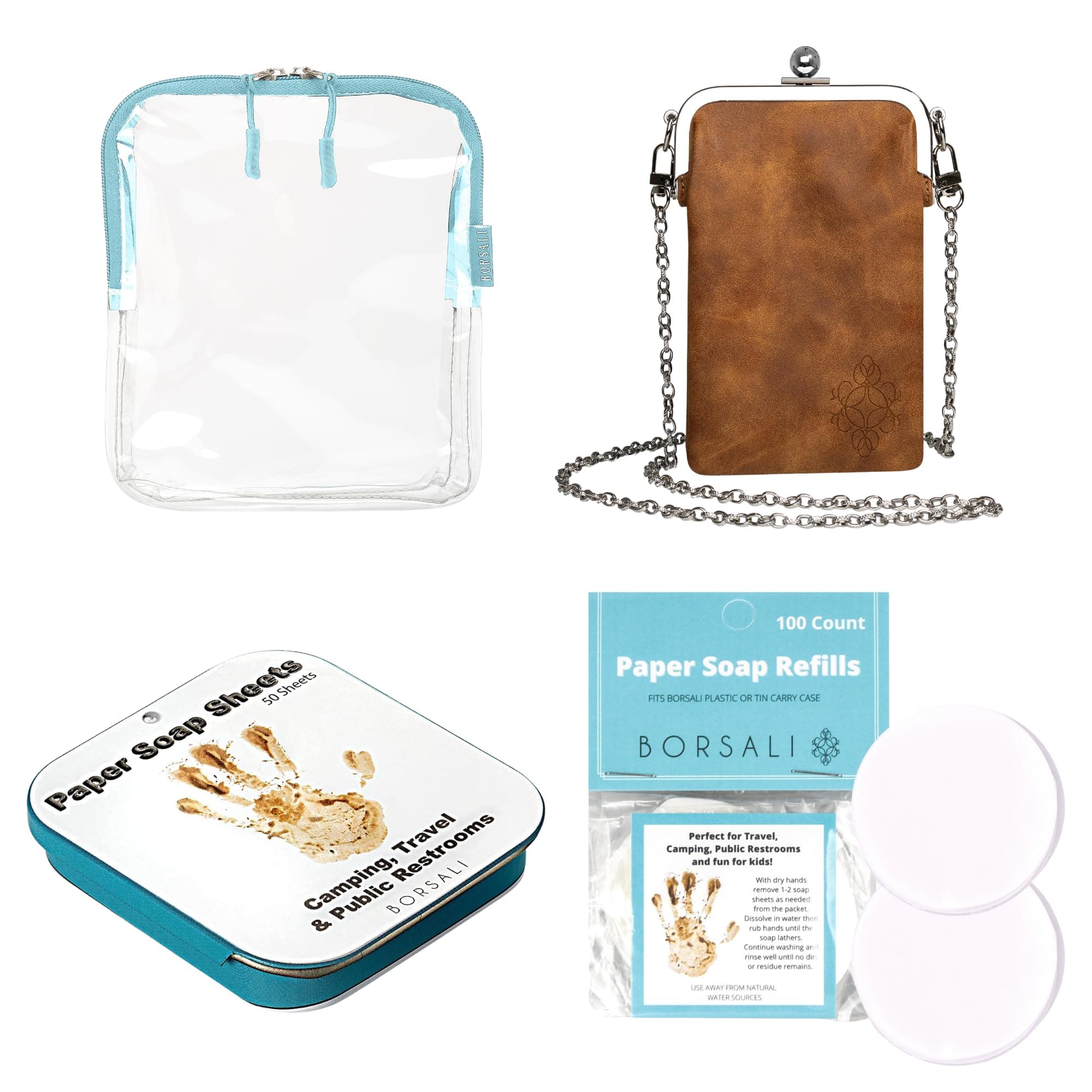 BORSALI Light Blue TSA Quart Size Bag Approved for Carry On Travel with Brown Small Crossbody Bag for Women and Paper Soap Sheets 1 Case with 50 Sheets and 100 Refill Sheets To Go