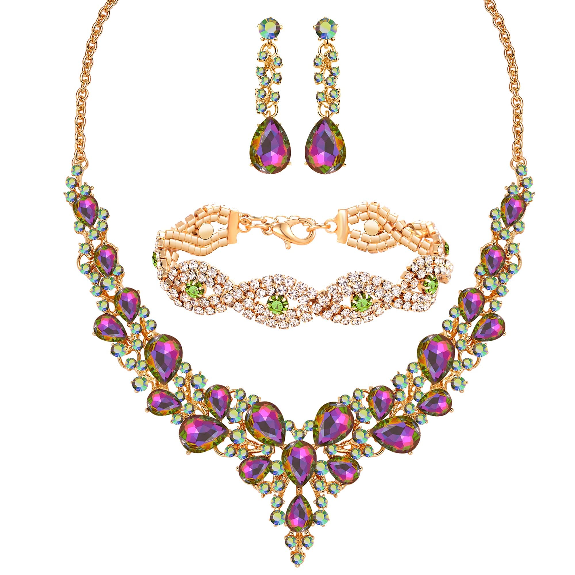 3/4 Pieces Women Jewelry Set Artificial Rhinestone Crystal Bride Statement Choker Necklace Tiara Crown Link Bangle Bracelet Teardrop Dangle Earrings Set