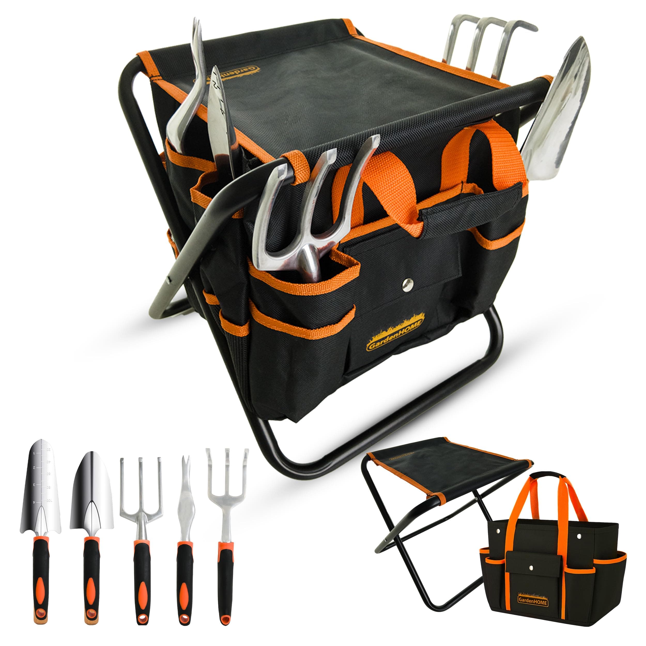 GardenHOME 7-Piece Garden Tool Set – Stainless Steel Tools with Folding Stool & Tote Bag, Black and Orange, Practical Kit for Men and DIY Yard Work