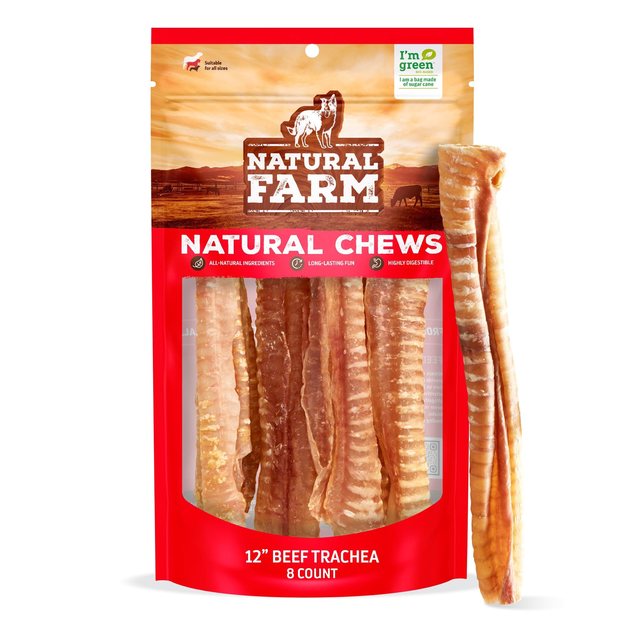 Natural Farm Beef Trachea (12 Inch, 8 Pack), 100% Beef Chews, Natural Glucosamine and Chondroitin for Joint & Hip Mobility, Bone Strength – Low Fat Crunchy & Crispy Treats for All Dogs