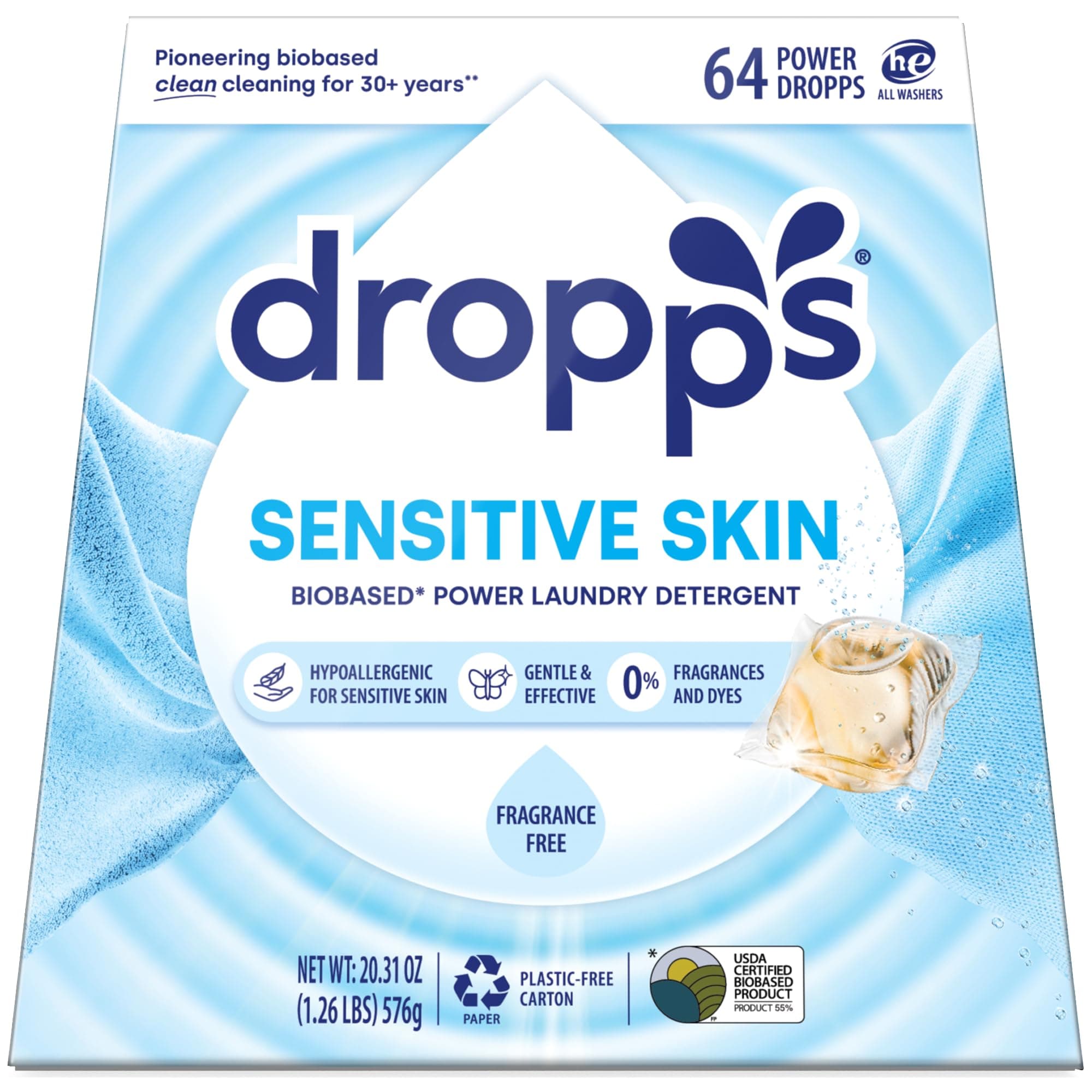 Dropps Sensitive Skin Laundry Detergent Pods, Unscented (64 Ct) - Hypoallergenic & Dermatologist Tested | Free & Clear | Laundry Pods for Sensitive Skin | Clean Ingredients | Plastic Free Packaging