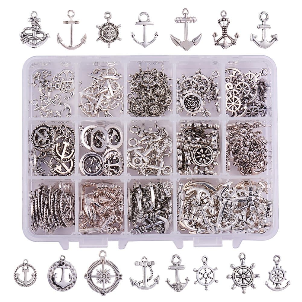 PH PandaHall15 Style Nautical Anchor Charms, 150pcs Anchor Helm Pendants Tibetan Alloy Ship Wheel Charms Beads for Summer Men DIY Bracelet Necklace Jewelry Making, Antique Silver