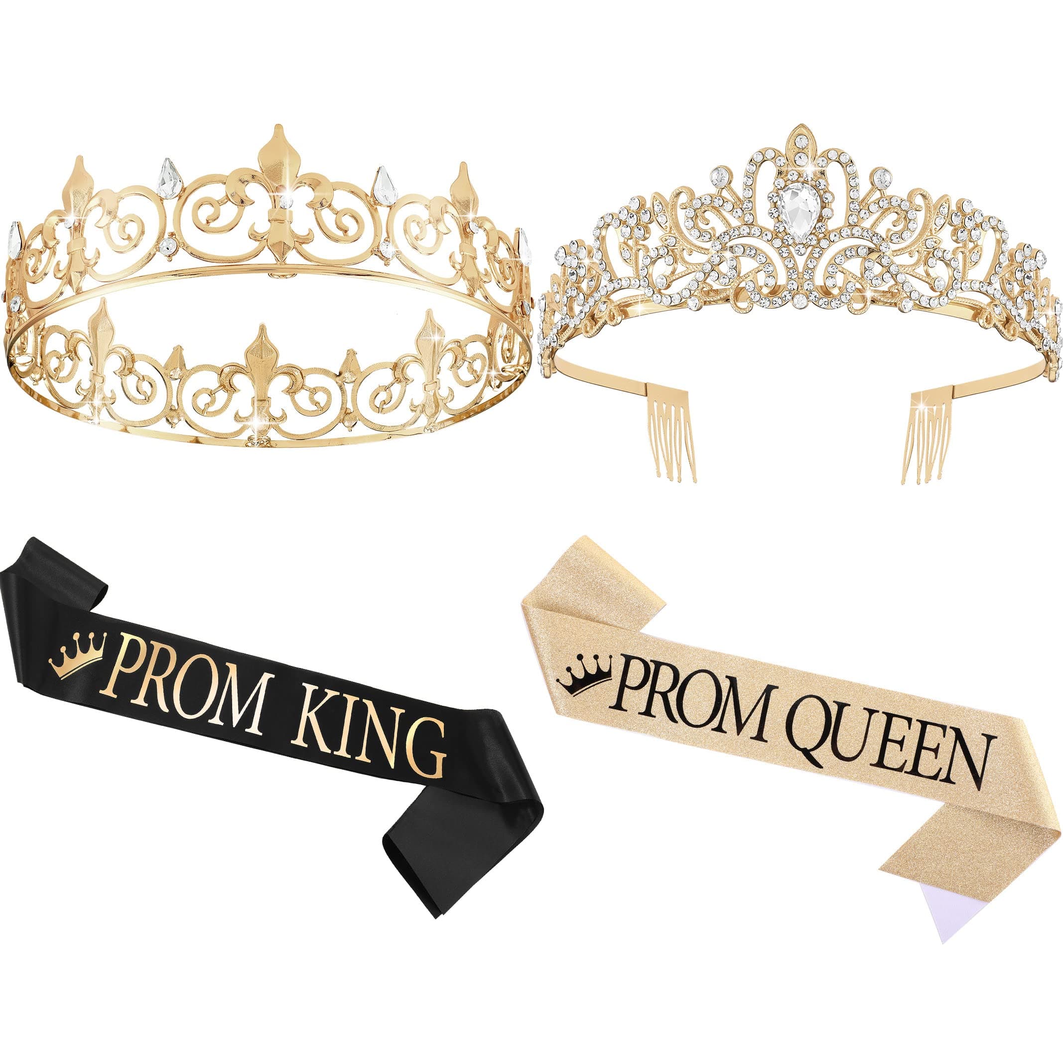 Lyrow 4 Pcs Prom King and Queen Crowns Sashes Set Prom King and Queen Tiara Sash for Party Favors Women Birthday Halloween Wedding Party