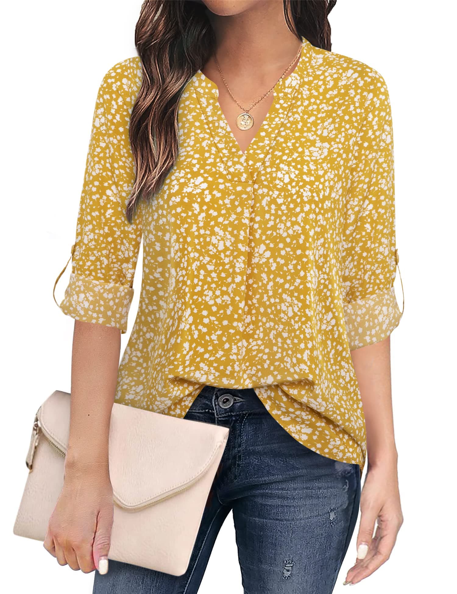 TimesonWomen's Casual Chiffon V Neck 3/4 Sleeve Blouse Tops