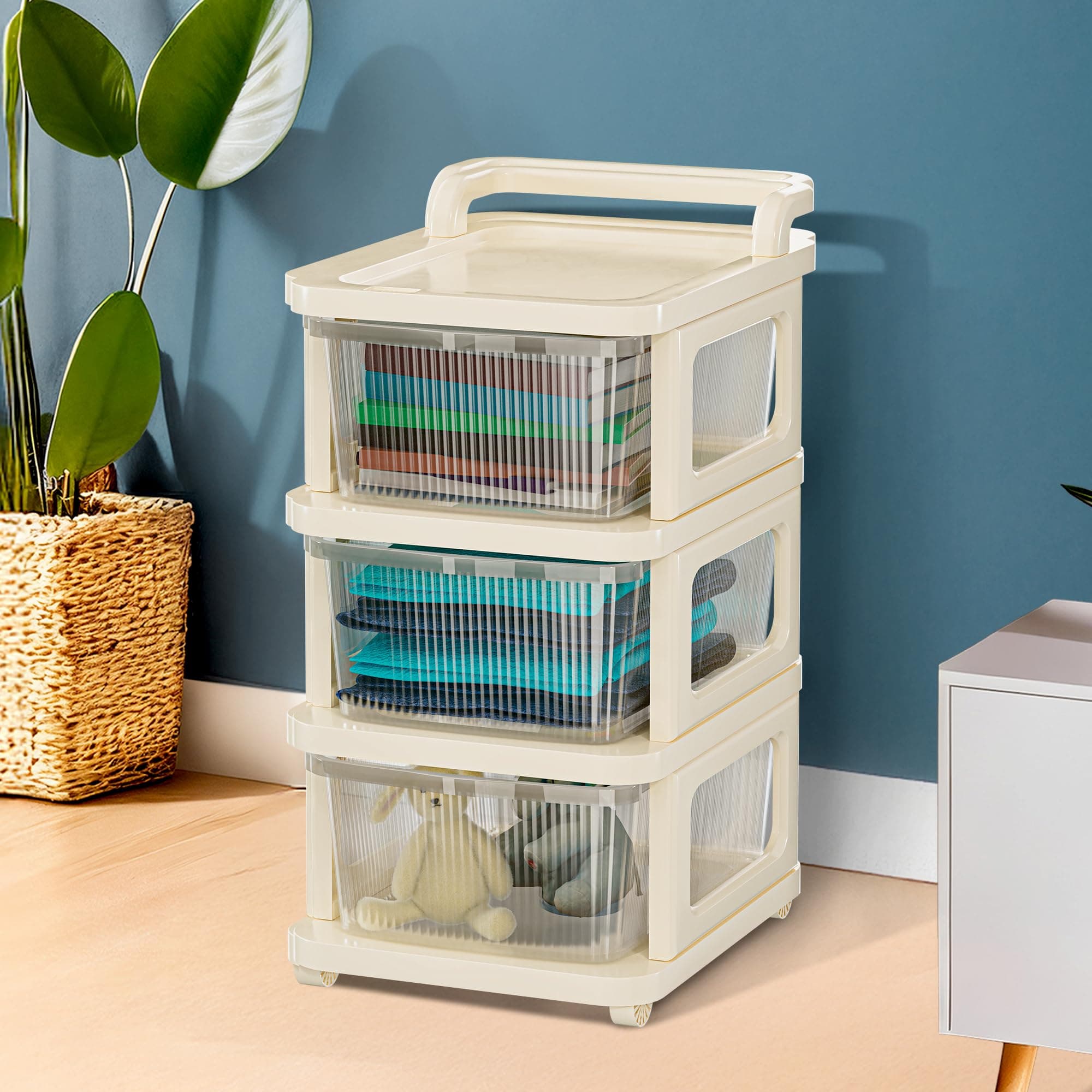 Kuber Industries 3 Layer Plastic Modular Storage Drawer Organizer with Wheels | Chest of Drawer Storage Box for Living Room, Office, School and Home | Toys Organiser for Kids Room | Transparent Ivory