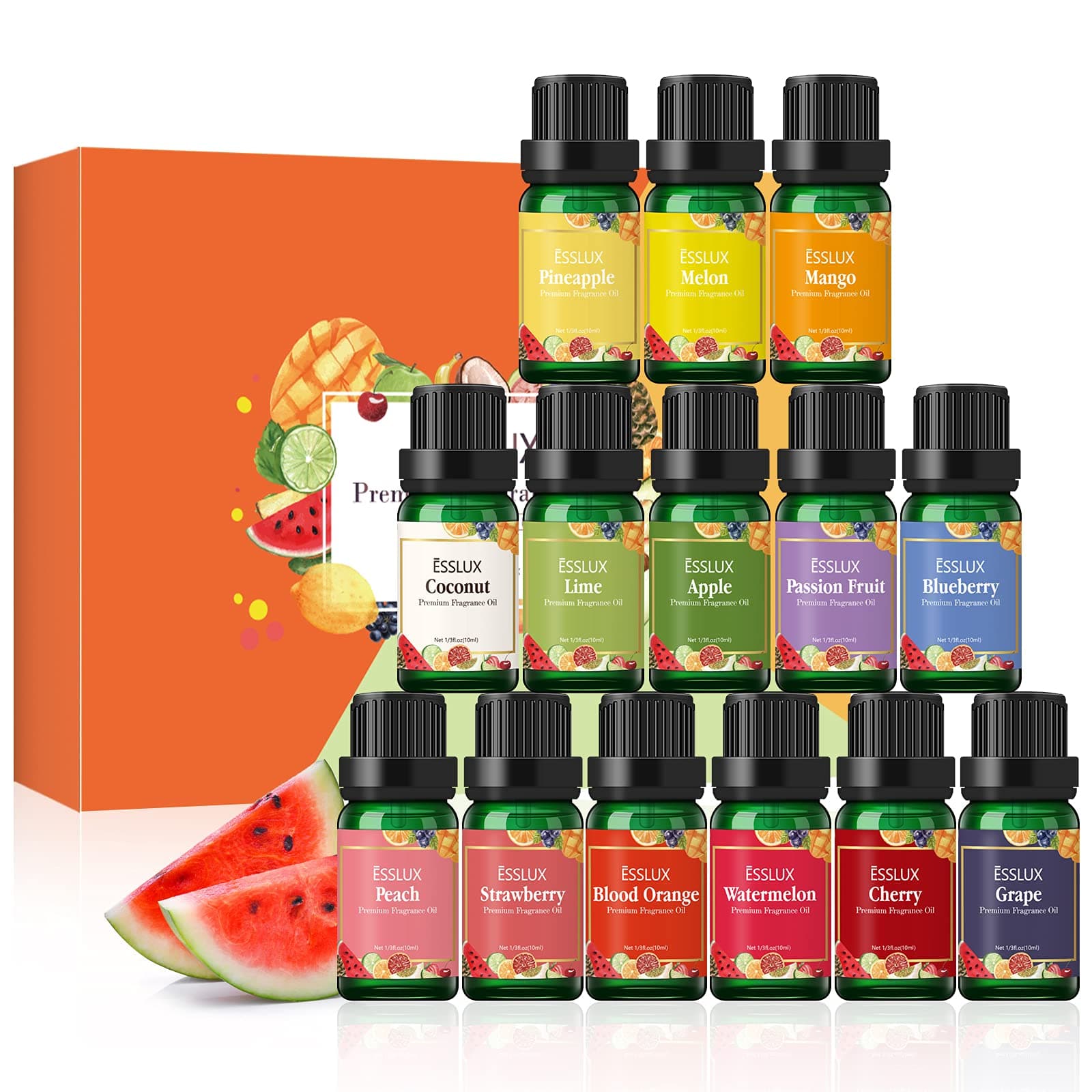 Fruity Fragrance Oils Set, ESSLUX 14x10ml Premium Fruit Scented Oils for Diffuser, Soap Candle Making Scents, Coconut, Watermelon, Pineapple for Spring Summer, Aromatherapy Essential Oils Gift Set