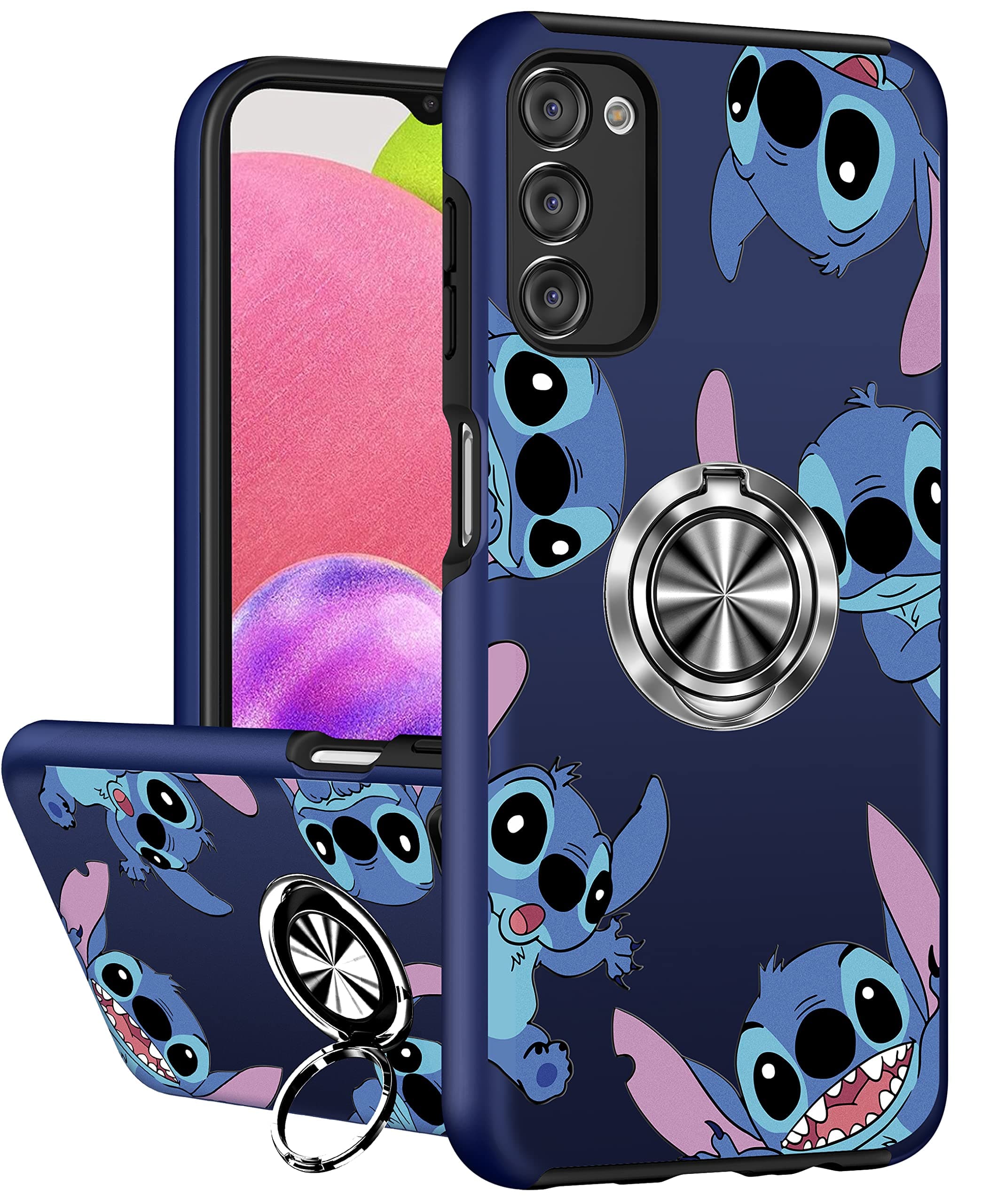 Joyleop Cute Case for Samsung Galaxy A03S Cartoon Funny Print Phone Cover Girls Kids Pretty Girly with Ring Holder Stand Magnetic Kickstand Military Grade 6.5/'',Stit, 1 Black Stitc