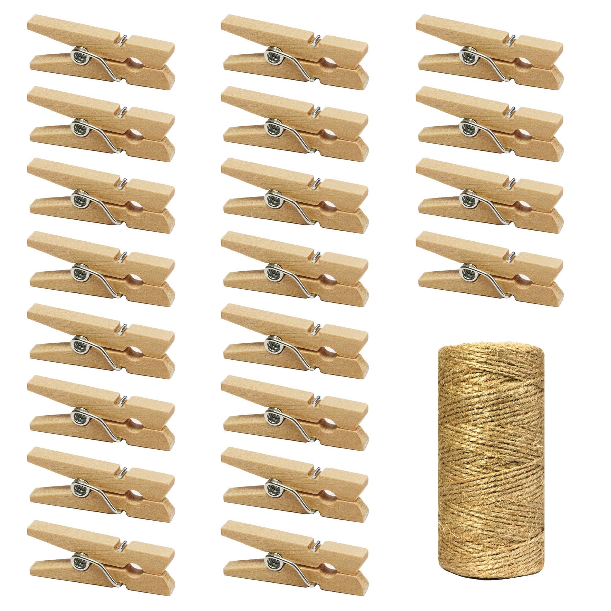 Mini Natural Wooden Clothespins with Jute Twine, 250pcs, 1 Inch Photo Paper Peg Pin Craft Clips with 66ft Natural Twine for Scrapbooking, Arts & Crafts, Hanging Photos (Natural Color)