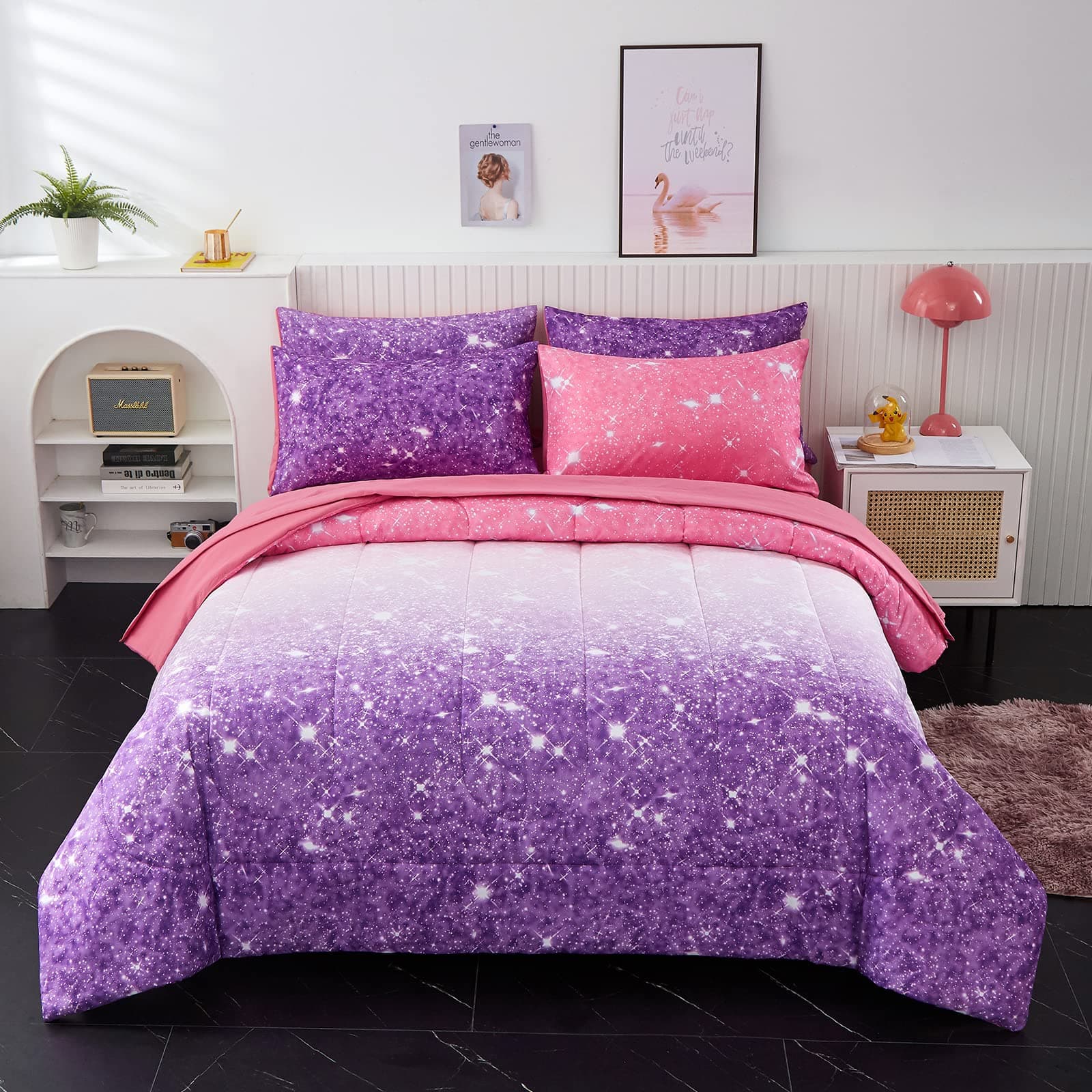 inron Purple Glitter Comforter Sets for Girls Women,Full/Queen Size 5-Pieces Bed in a Bag Ultra Soft Microfiber Comforter and Sheet Sets, All Season Durable Bedding Set(Purple,Full/Queen)