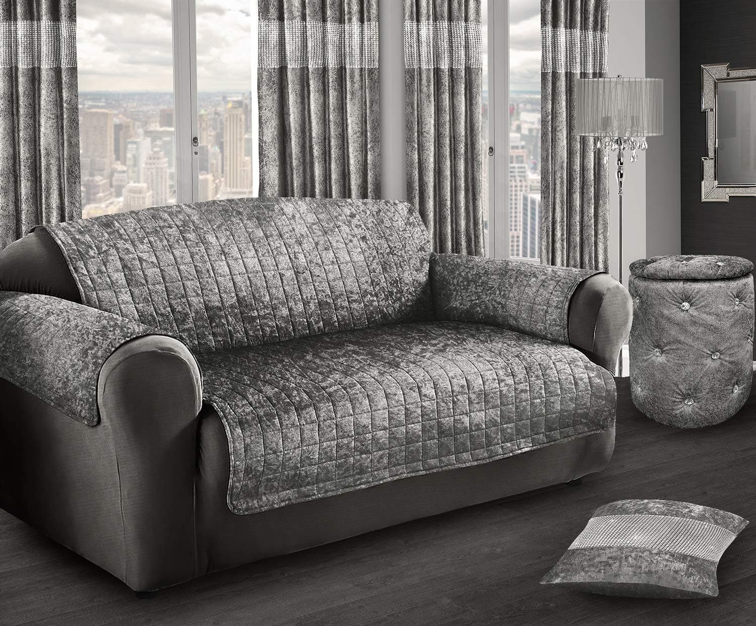 Intimates Luxury Crushed Velvet Sofa Cover 3 Seater, Soft Quilted Non Slip Sofa Cover with Elasticated Straps, Washable Furniture Slipcovers for Pets and Kids (Silver Grey)