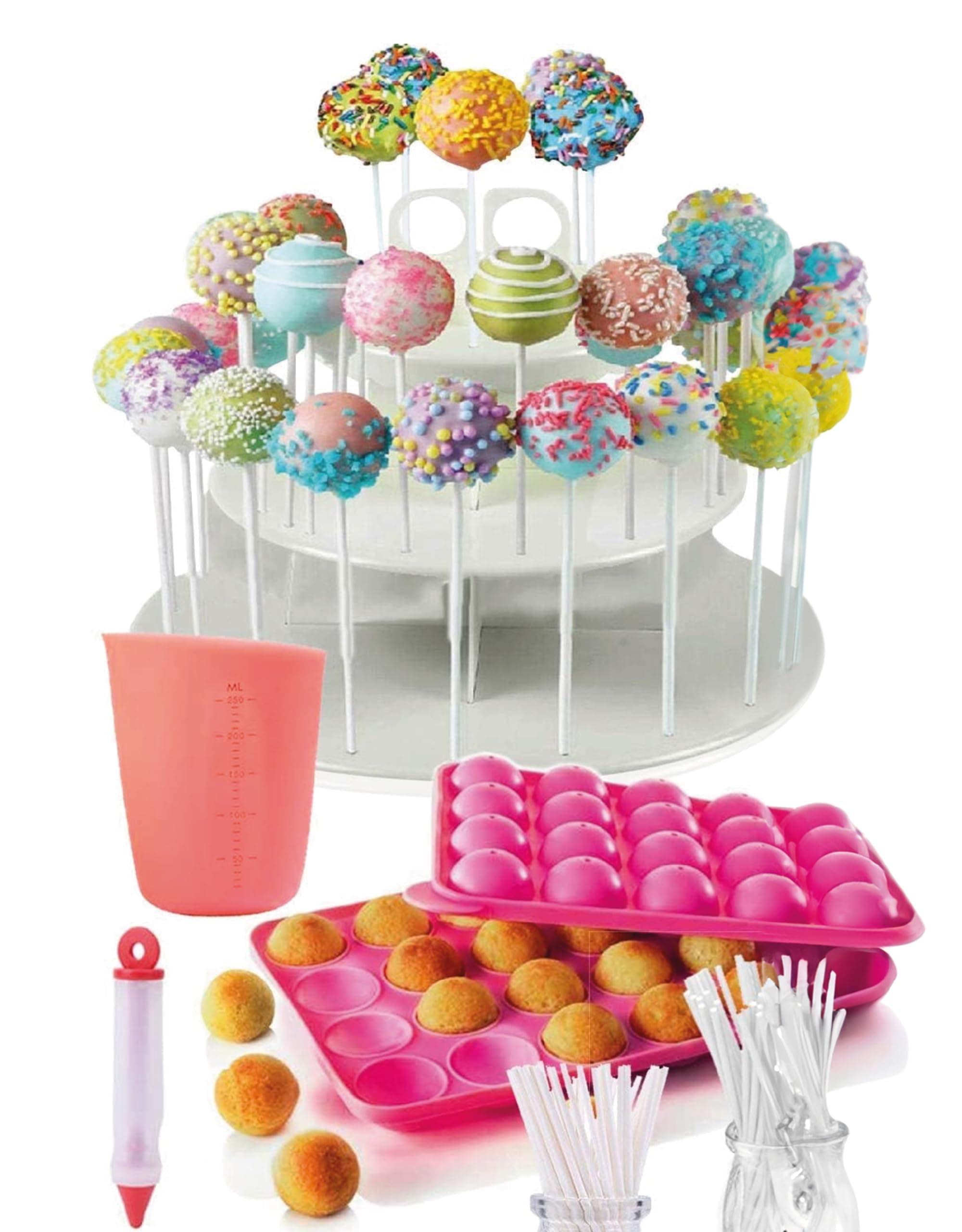 Complete Cake Pop Maker Kit -Jam Packed with Silicone Cake Pop Baking Mold, 120 Lollipop Sticks, Candy Chocolate Melting Pot, Decorating Pen, Bags, Twist Ties;3-Tier Display Stand Holder