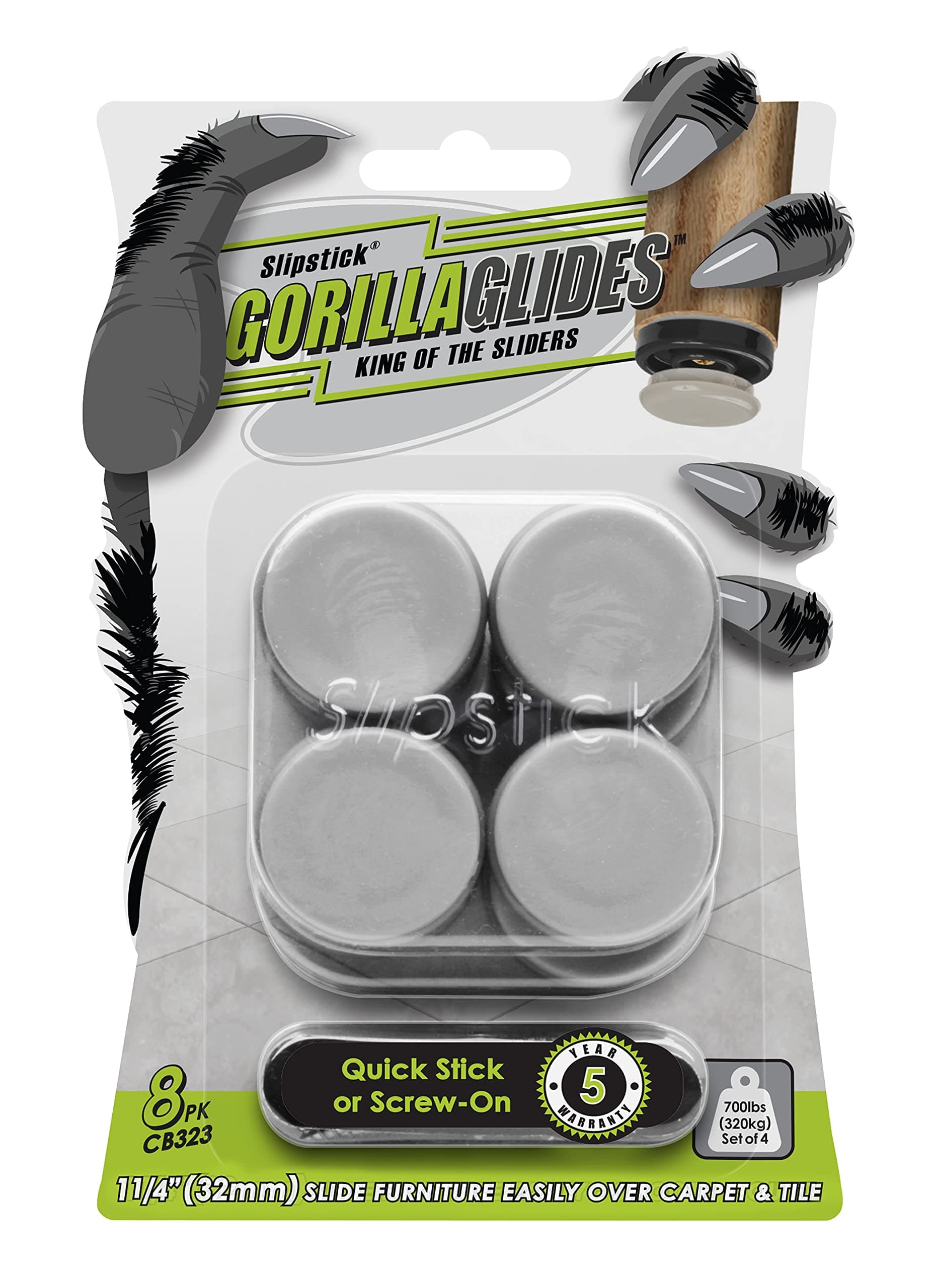 Slipstick GorillaGlides CB323 1-1/4 Inch Furniture Sliders/Chair Gliders (Set of 8) Self-Adhesive/ Screw On Glides for Carpet & Hard Surface Flooring, Round