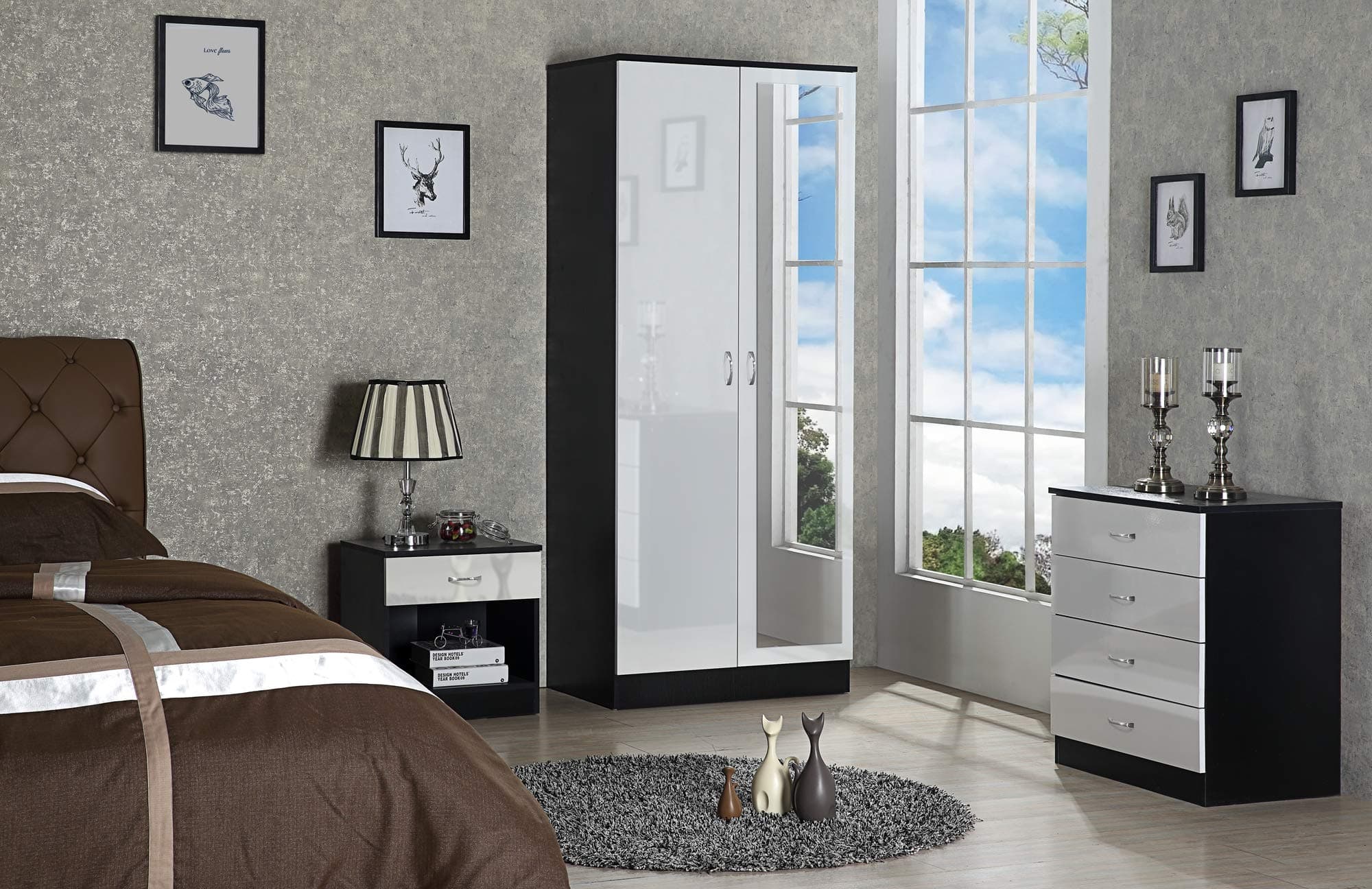 Harmin Mirrored High Gloss 3 Piece Bedroom Furniture Set - Soft Close Wardrobe, 4 Drawer Chest, Bedside Cabinet (White on Black)
