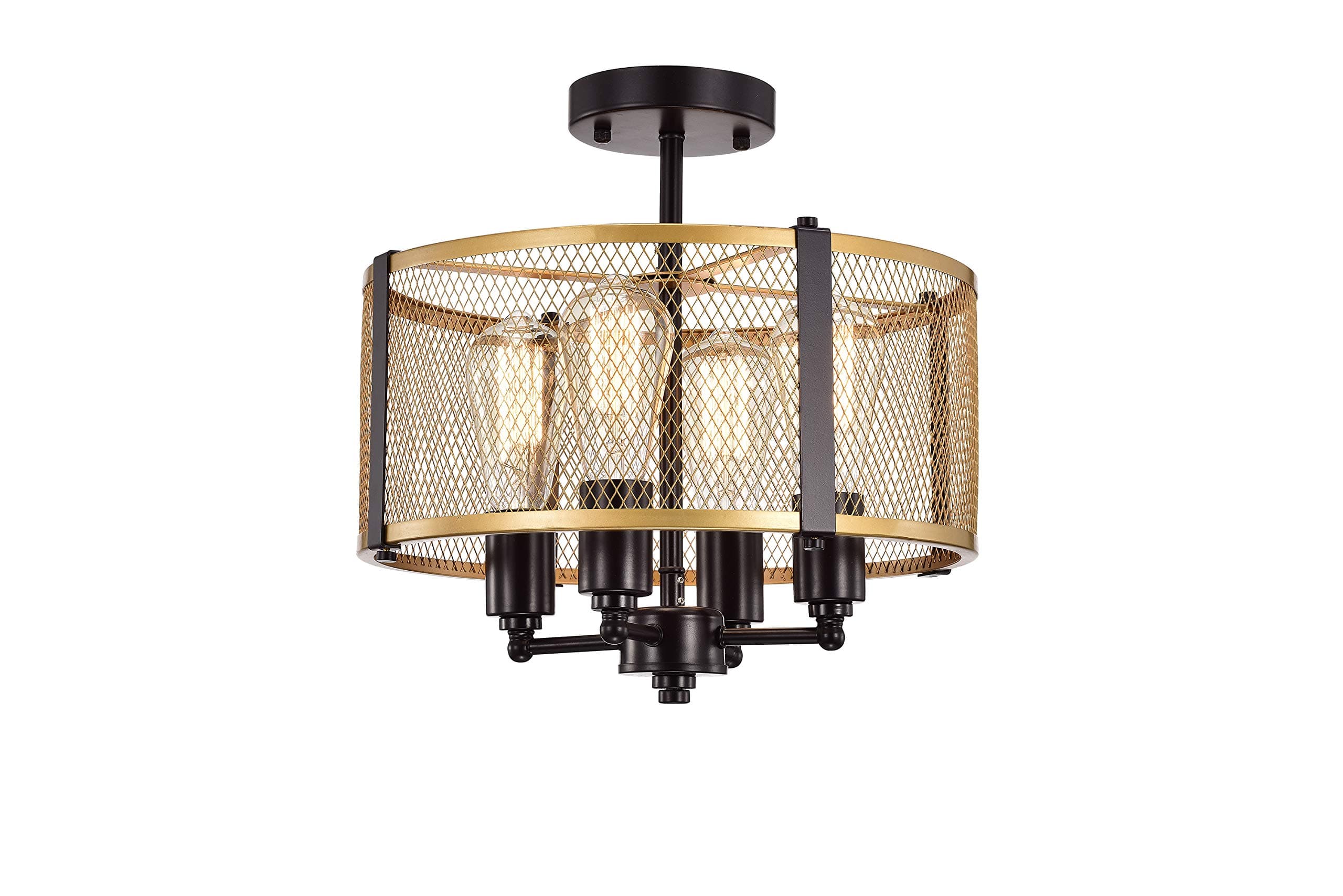 Warehouse of Tiffany MX12/4 Leland Matte Gold+Brown 4-Light Metal Mesh Drum Shade Semi Flush Mount, Yellow