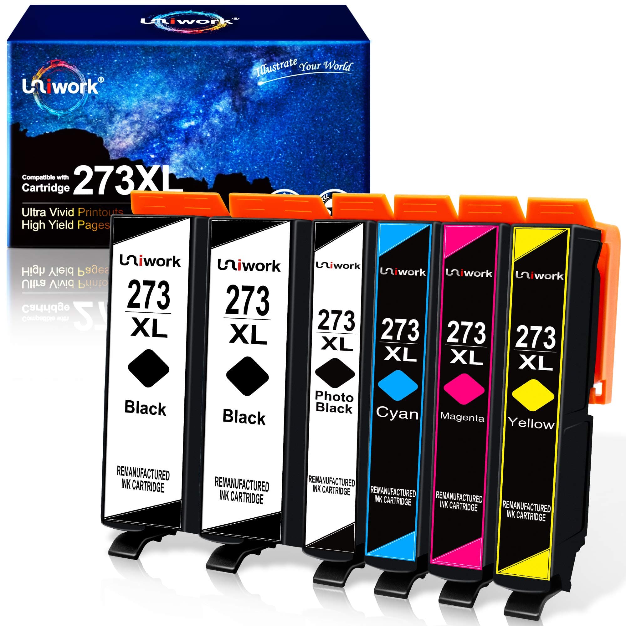 Uniwork Remanufactured Ink Cartridge Replacement for Epson 273 XL 273XL T273XL use for XP820 XP810 XP800 XP620 XP610 XP600 XP520 Printer (2 Black, 1 Photo Black, 1 Cyan, 1 Magenta, 1 Yellow), 6 Pack