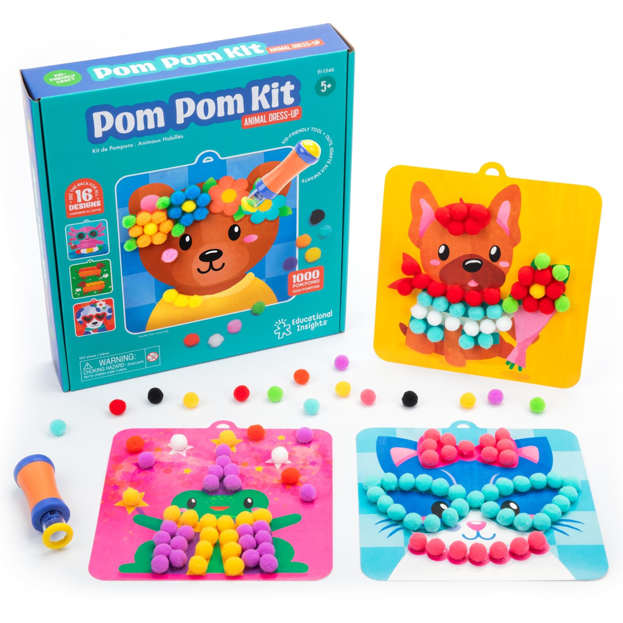 Learning Resources Pom Pom Kit Animal Dress-Up, Toys for 5 Year Old Girls and Boys, Arts and Crafts for Kids, Reusable Kit With 16 Activities, Over 1000 Pieces