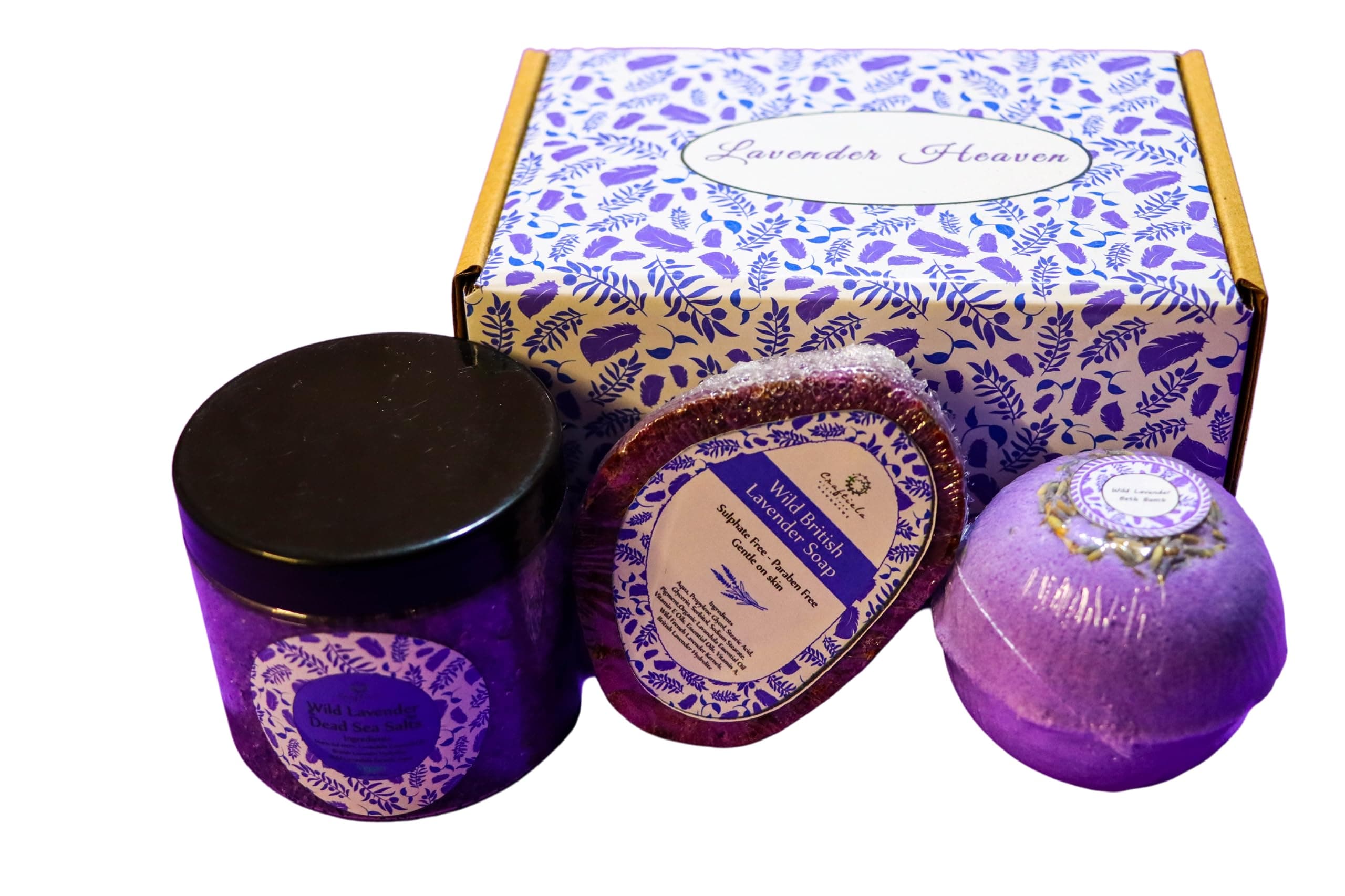 Craftiela Lavender Heaven Natural Organic Gift Set For Her Wild Lavender Bath Bomb, Wild Lavender Soap, Lavender Dead Sea Bath Salts, Healthy Spa Gift Sets Woman