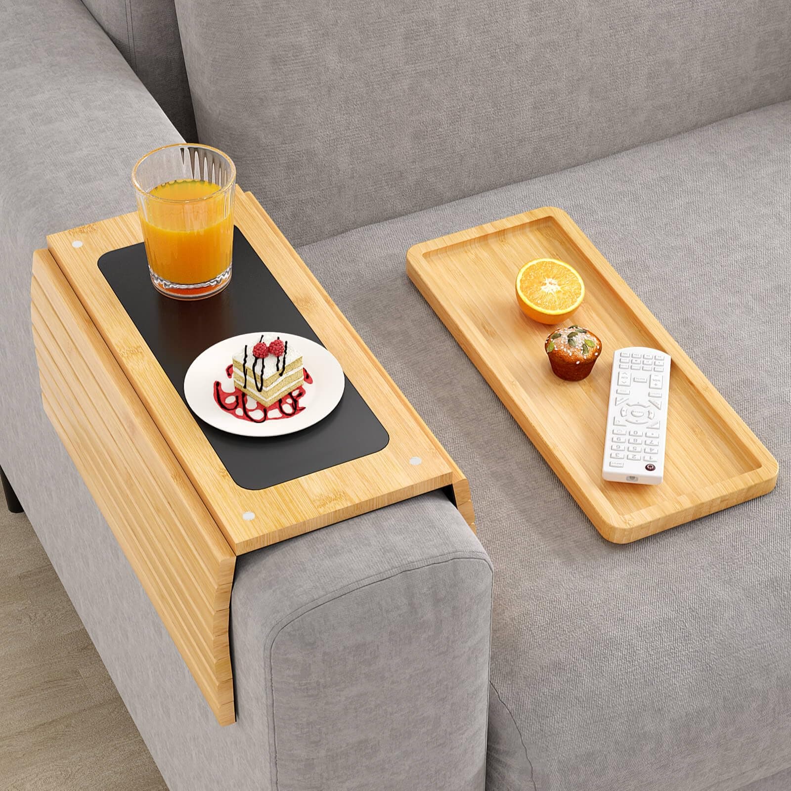 Bamboo Sofa Arm Tray Table - Couch Armrest With Extra Removable Tray, Anti-Slip, Large Cup Holder for Phone, Cups, Remote - Flexible and Foldable