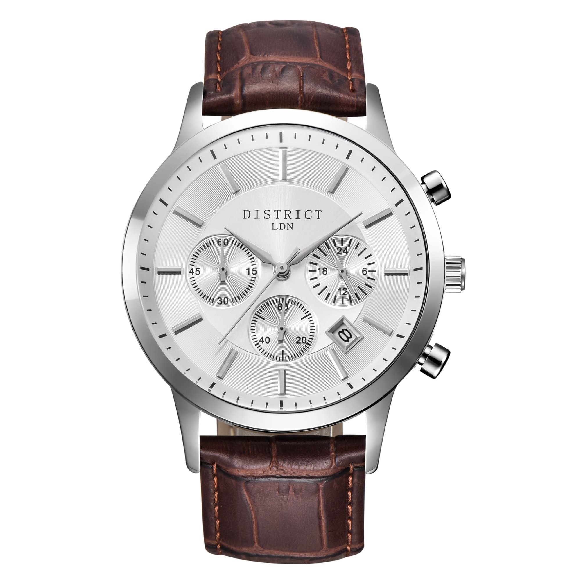 Executive Edition Mens Brown Leather Watch with Silver Face and Sub Dials Calendar Mens Watches