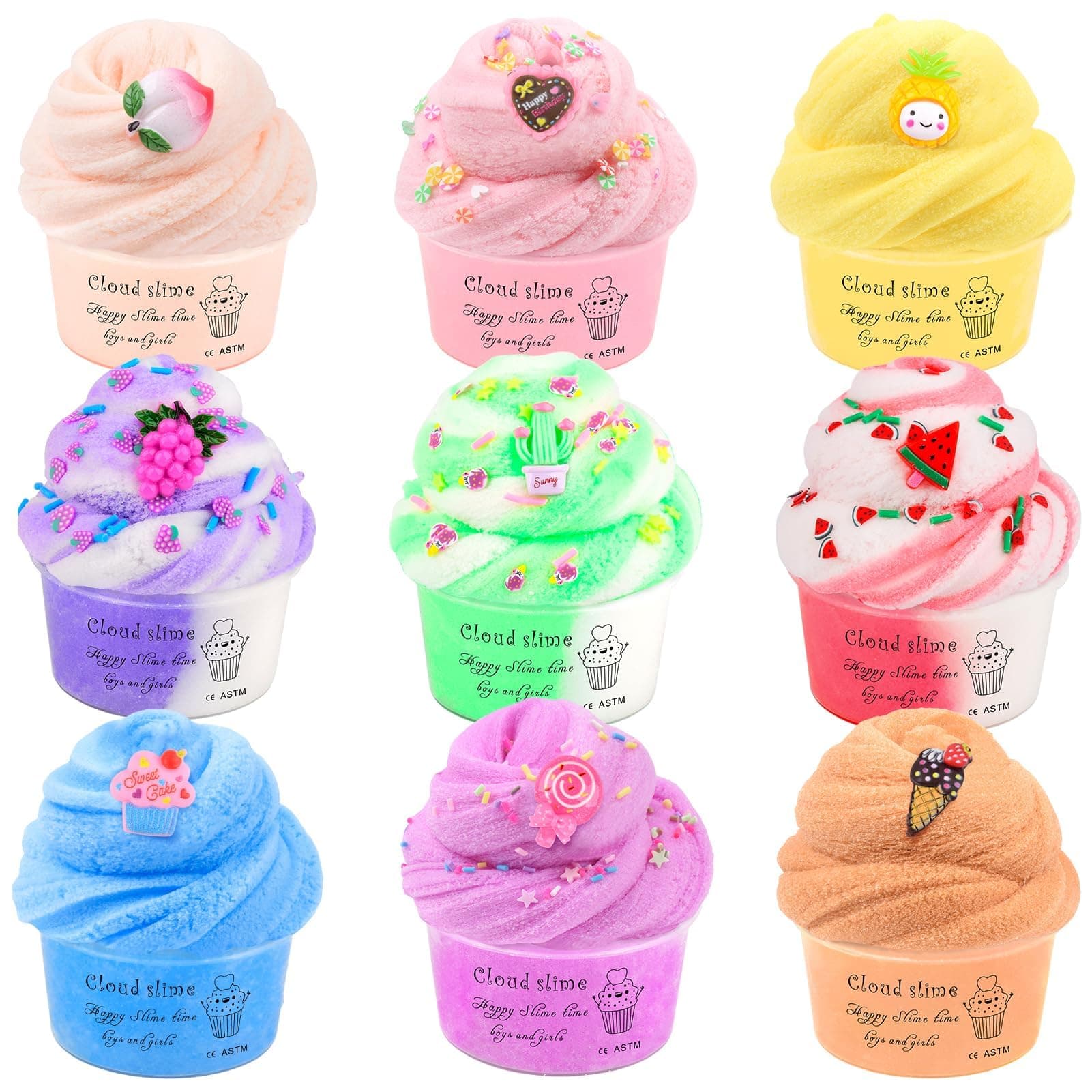 Cloud Slime Kit, 9 Pack with Peach Watermelon Pineapple Cake Slime Charms, DIY Slime Supplies for Girls and Boys, Stress Relief Toy for Kids' Education, Party Favour, Gift and Birthday