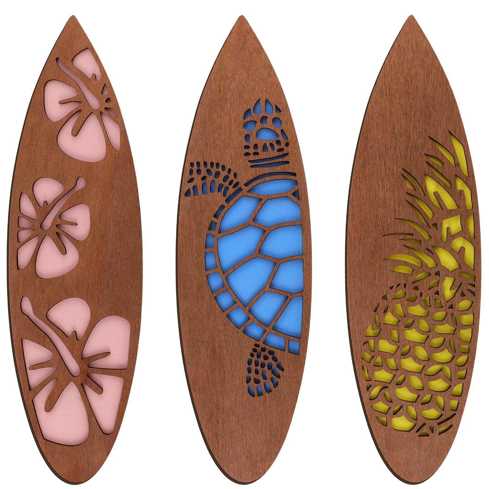 Tatuo 3 Pcs Surfboard Wall Decor for Bedroom Summer Beach Room Decor Wooden Tropical Hawaiian Surfboard Hanging Wall Art Decoration for Home Living Room Party(Retro,11.81 x 3.31 x 0.2 Inch)
