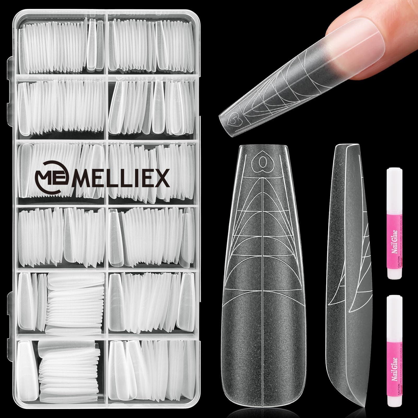 MELLIEX 290 Pieces French Artificial Nail Tips Set Full Cover False Acrylic Nails Tips Nail Extension Nail Tips Fake Fingernails with 2 Glue Fake Fingernails Accessories for Women Nail Art DIY