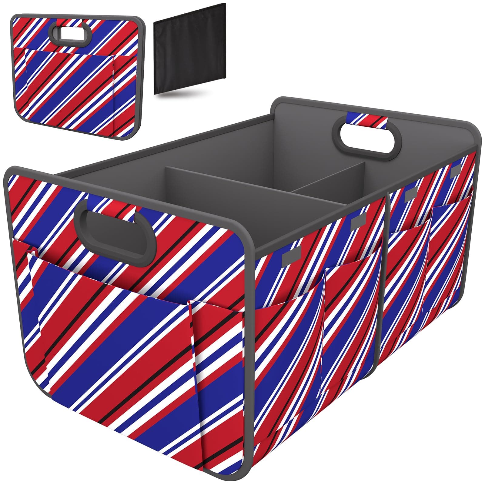 Homeve Trunk Organizer, Car Storage, Reinforced Handles, Collapsible Multi-Compartment Car Organizers, Foldable, Waterproof, 600D Oxford Polyester (Red Blue Twill, 2 Compart)
