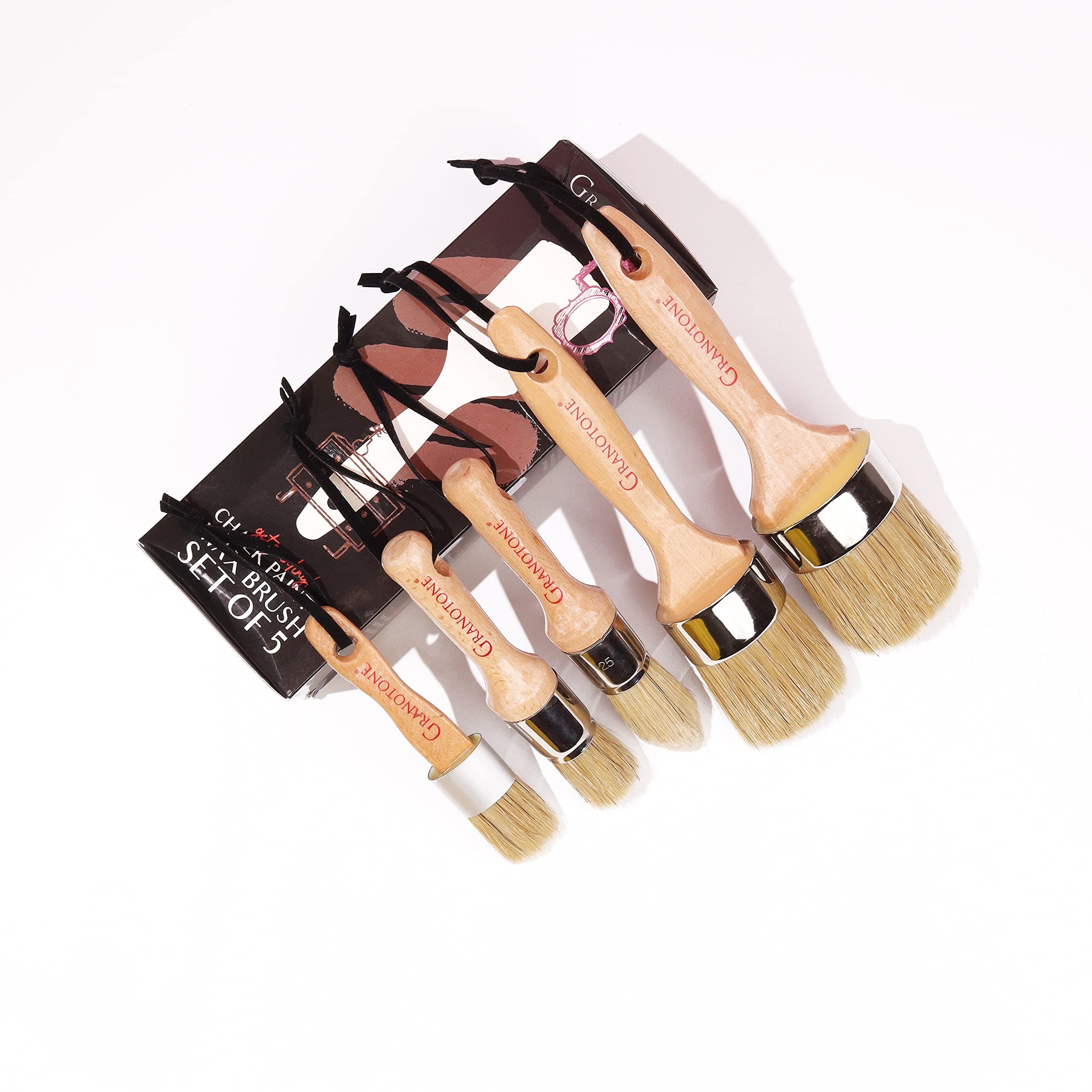 GRANOTONEChalk and Wax Paint Brush Set, 5Pcs Painting Brush Set with Natural Bristles & Wooden Handle, Paint Brushes for Wood Furniture Home Decor, Set of 2 Round, 2 Flat & 1 Pointed Brush