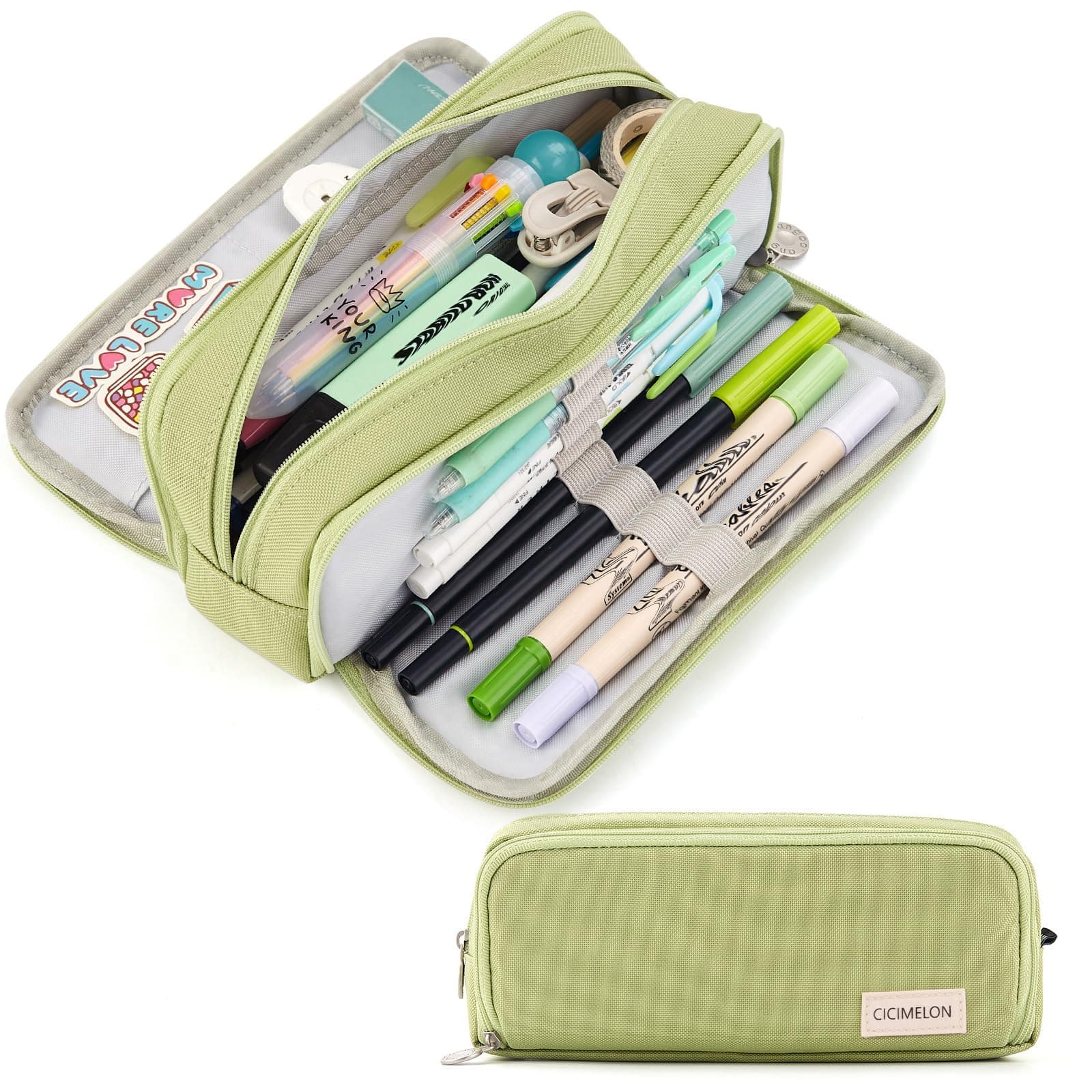 CICIMELON Large Capacity Pencil Case 3 Compartment Pouch Pen Bag for School Teen Girl Boy Men Women (Green)
